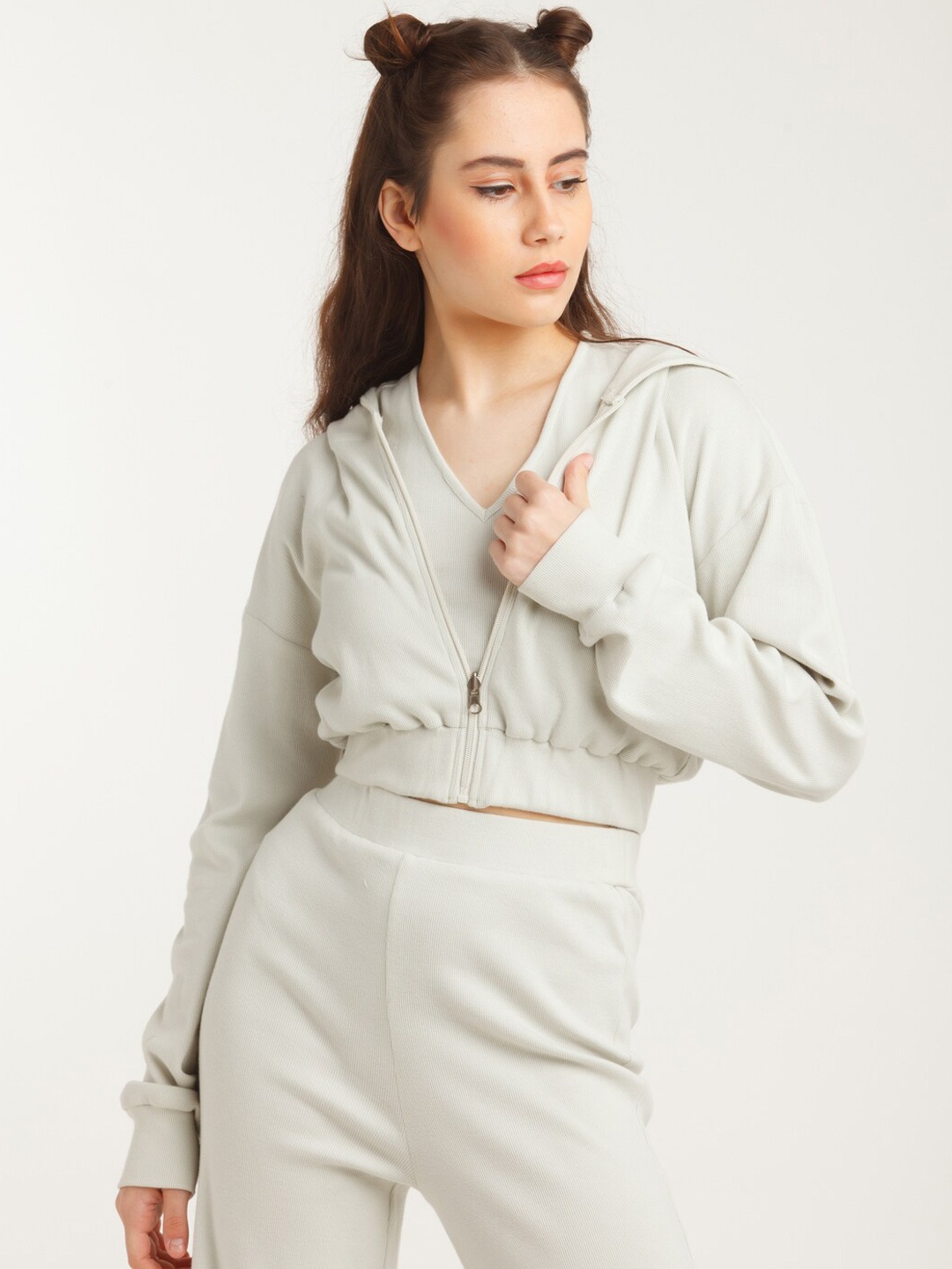 

zink Z Women Grey Crop Pure Cotton Bomber Jacket