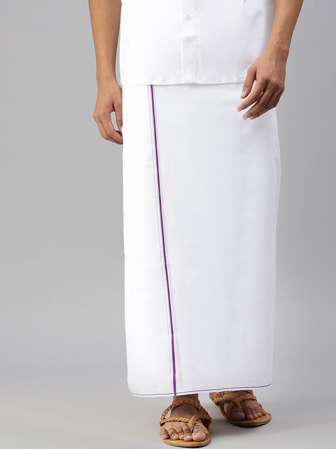 

Ramraj Men Pure Cotton Double Layer White Solid Dhoti with Violet border