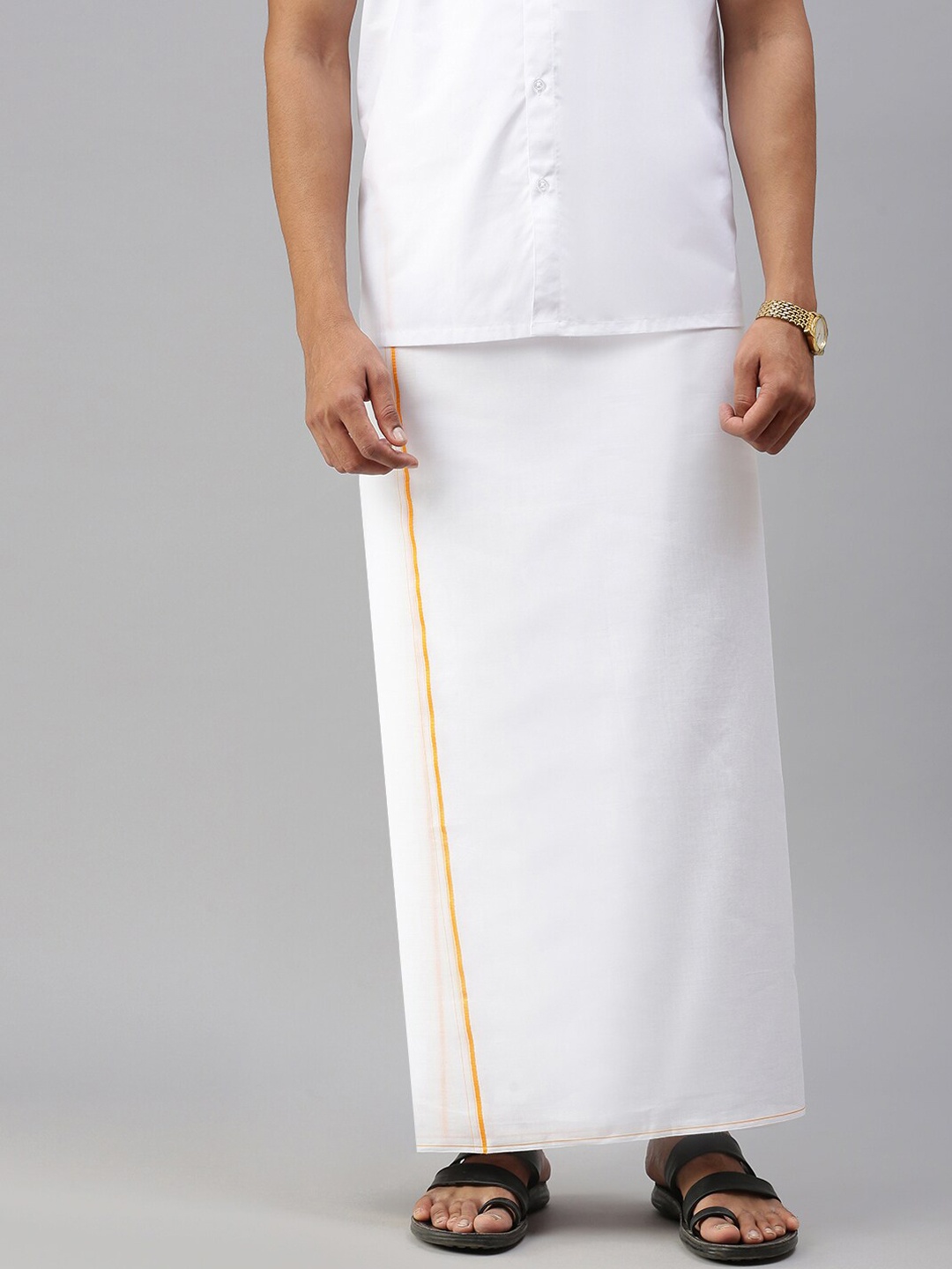 

Ramraj Men Pure Cotton Double Layer White Dhoti with Small Yellow border