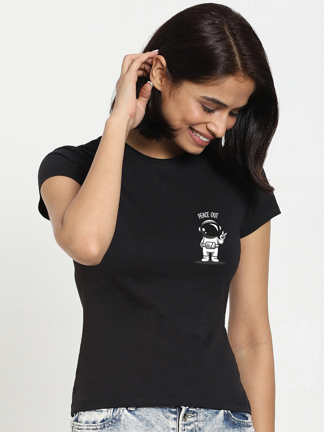 

Bewakoof Women Black Cotton Slim Fit T-shirt