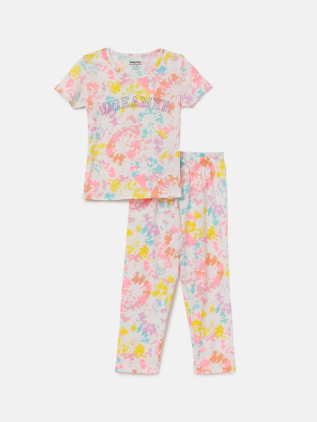 

mackly Girls Off White & Pink Printed Night suit