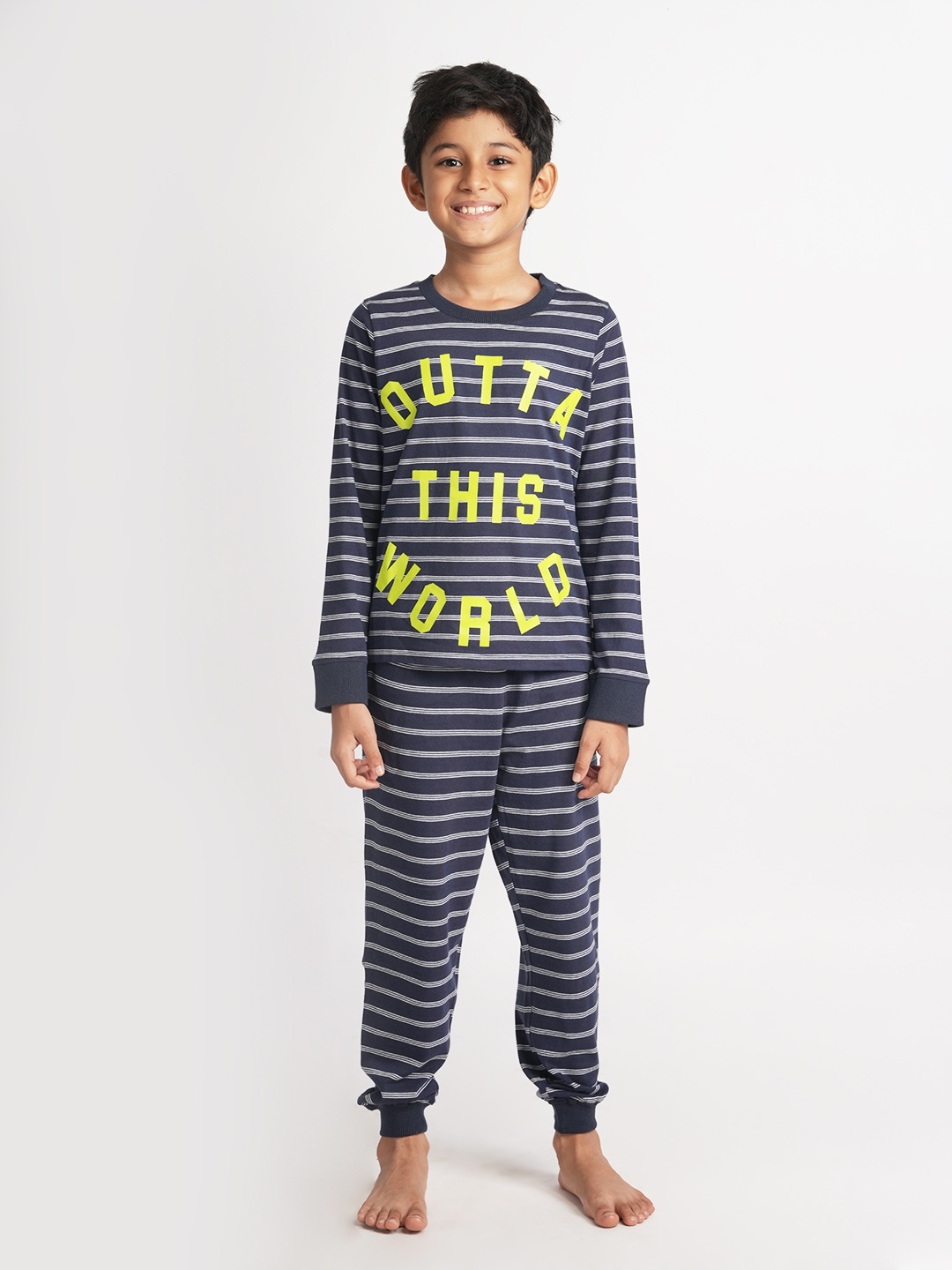 

mackly Boys Striped Pure Cotton Night suit, Navy blue