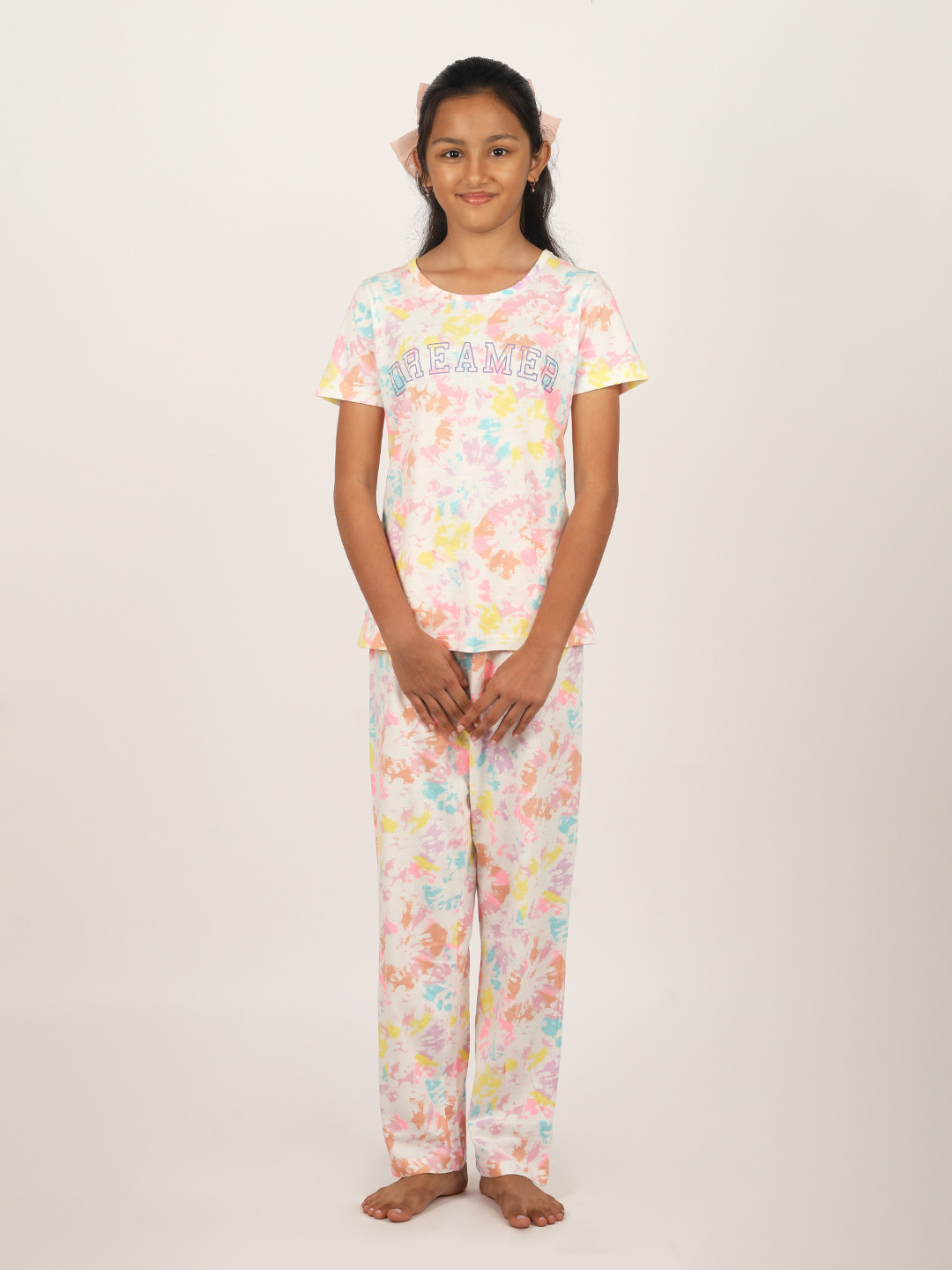 

mackly Girls Tie and Dye Pure Cotton Night suit, Pink