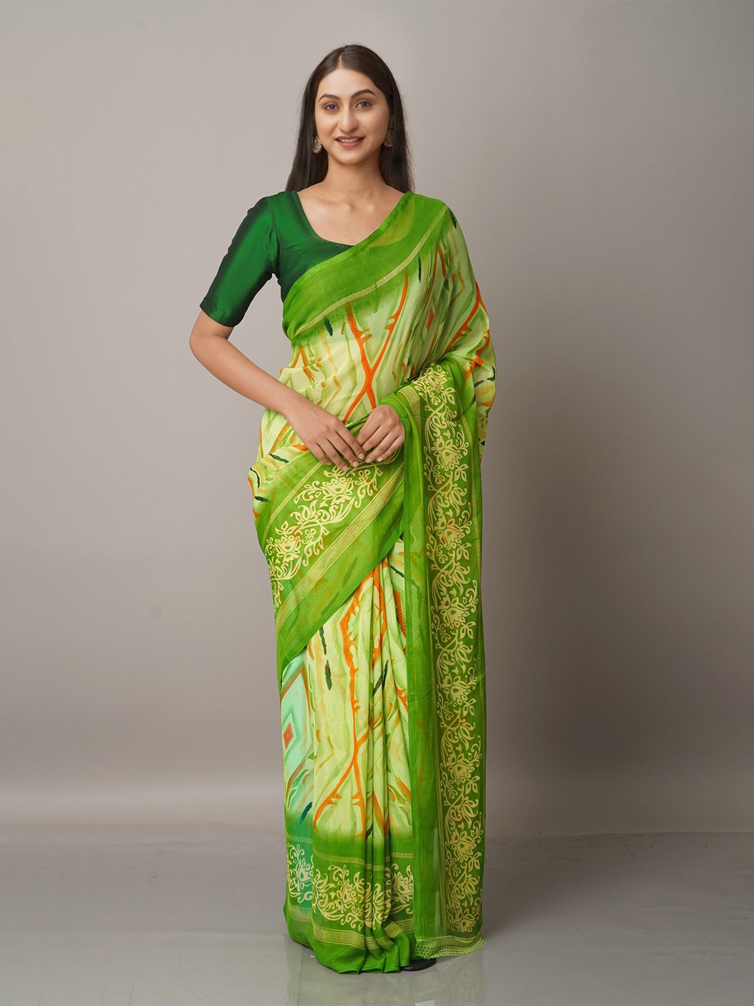 

Unnati Silks Green & Yellow Block Printed Saree