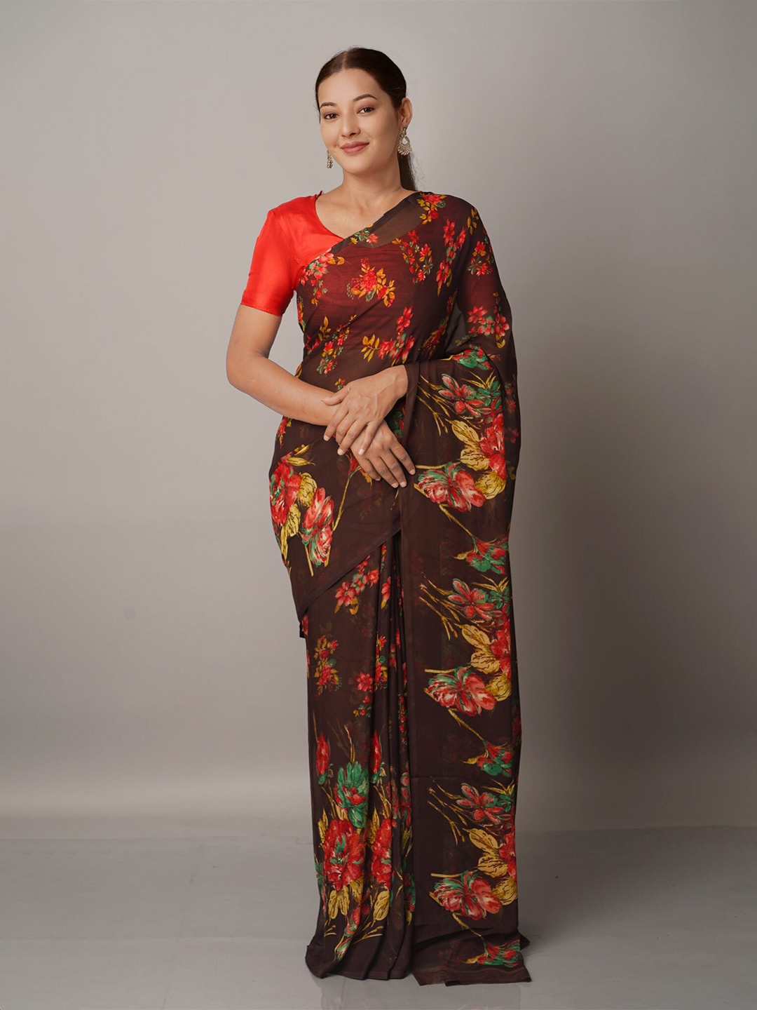 

Unnati Silks Brown & Pink Floral Block Print Saree