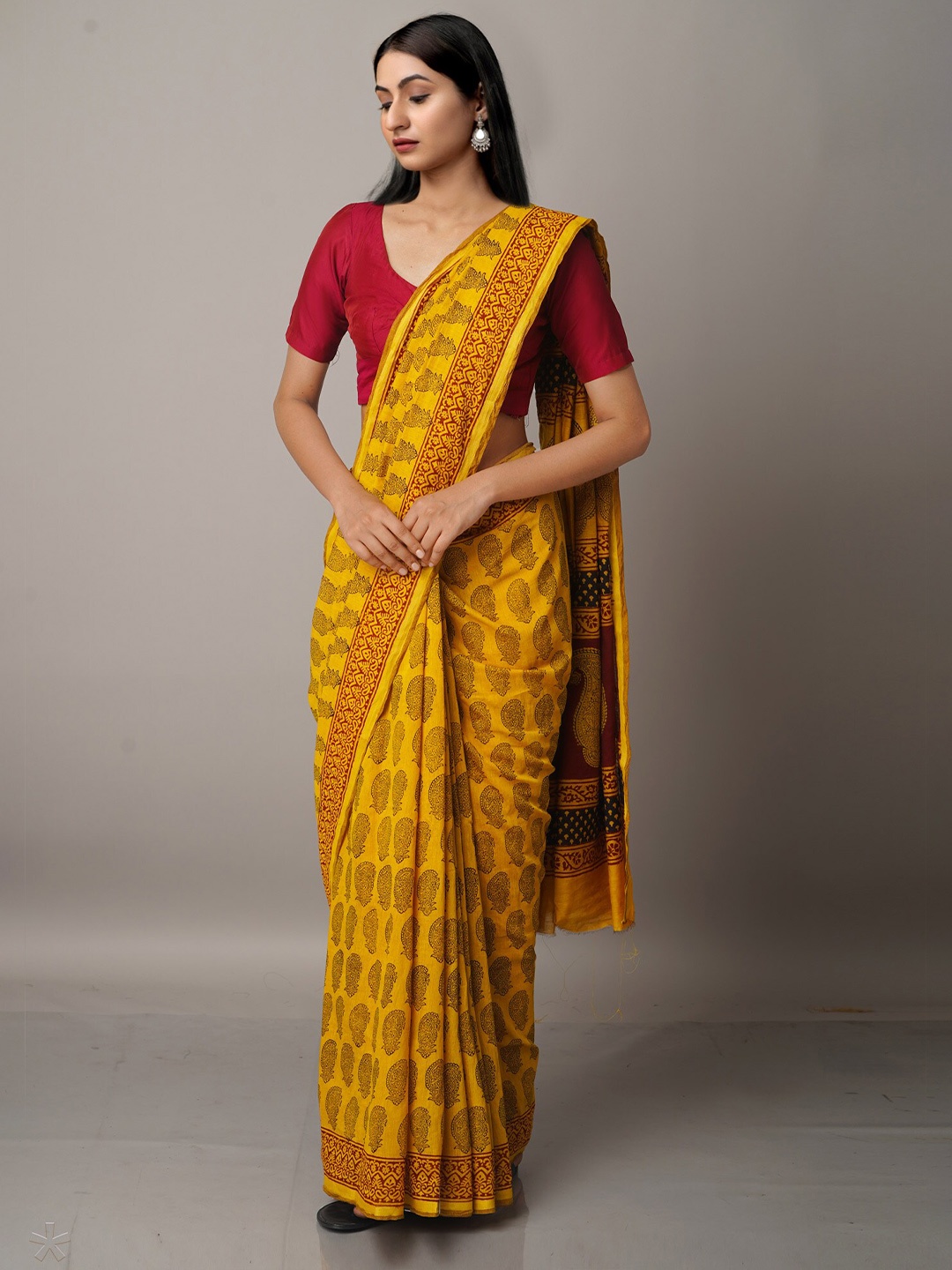 

Unnati Silks Yellow & Red Bagh Chanderi Saree