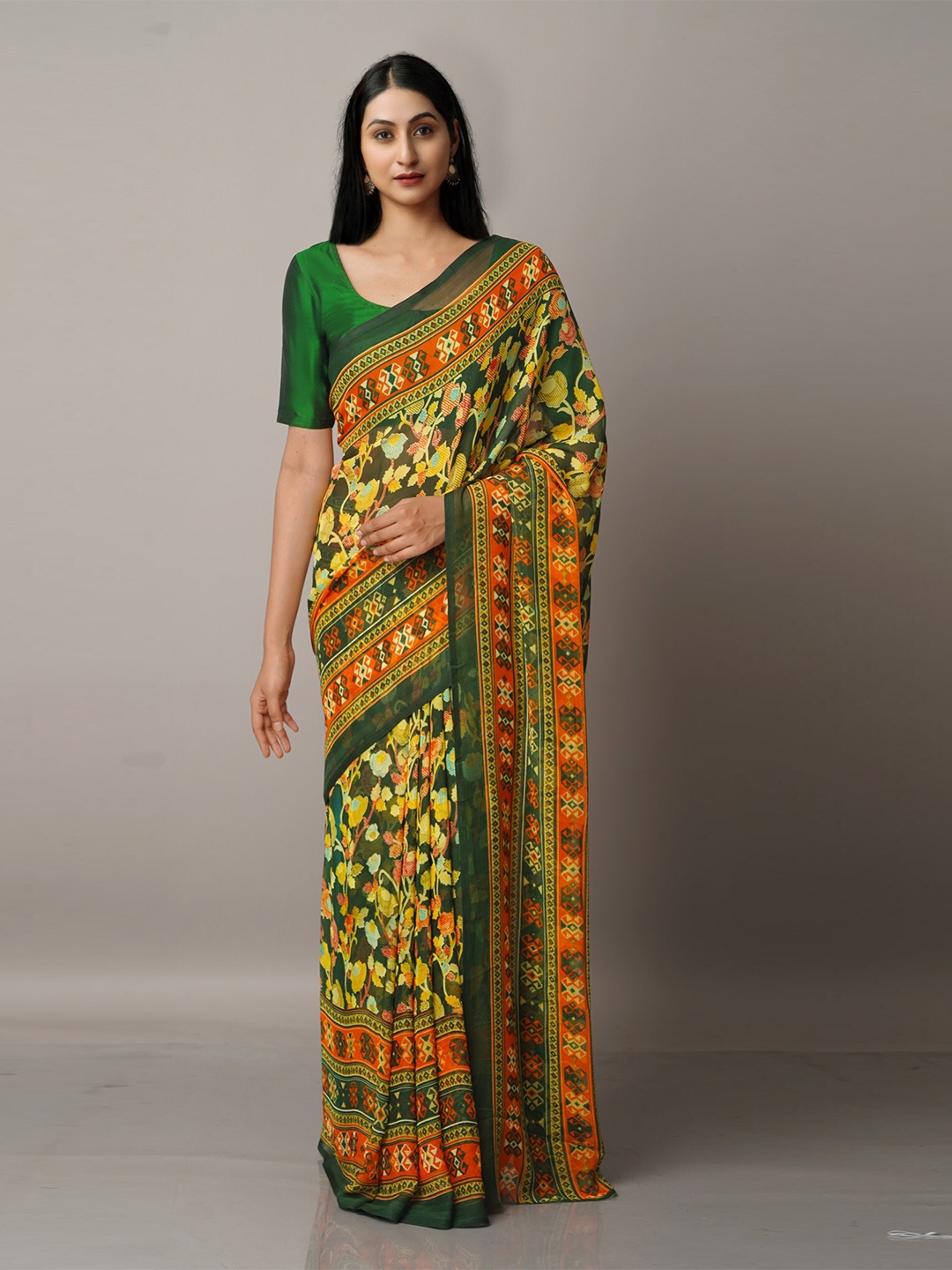 

Unnati Silks Green & Red Floral Block Print Saree