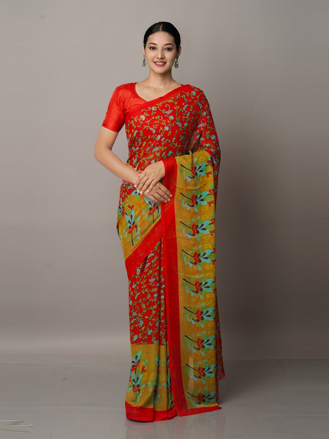 

Unnati Silks Maroon & Yellow Floral Block Print Saree