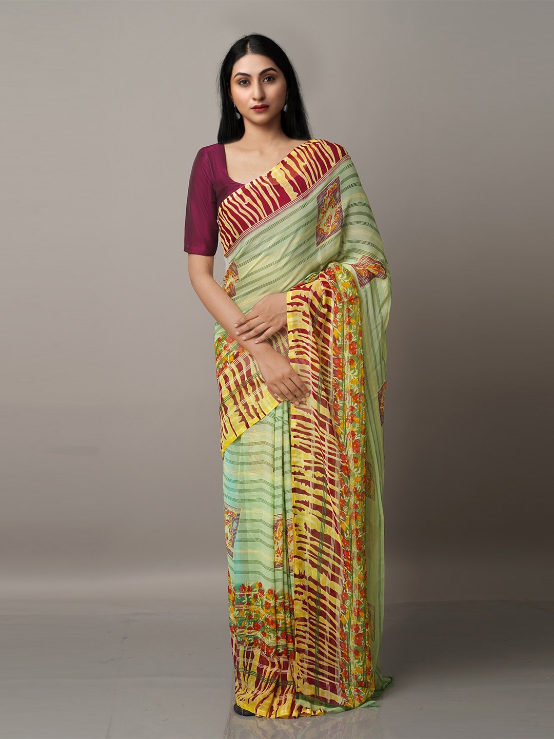 

Unnati Silks Green & Red Floral Block Print Saree