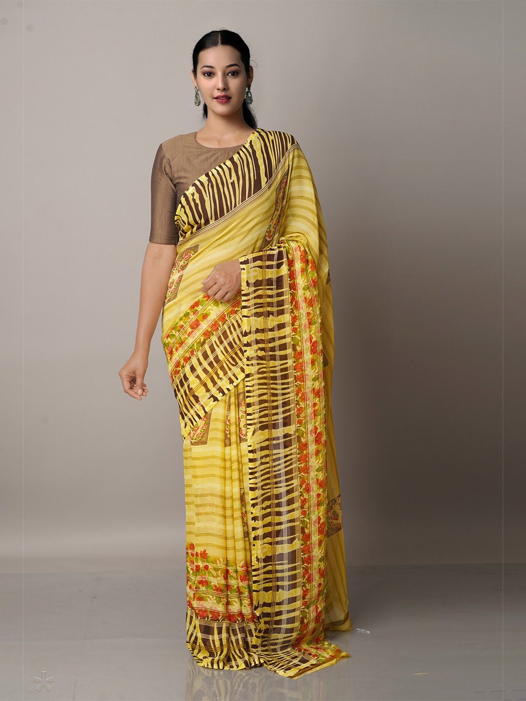 

Unnati Silks Brown & Red Floral Block Print Saree