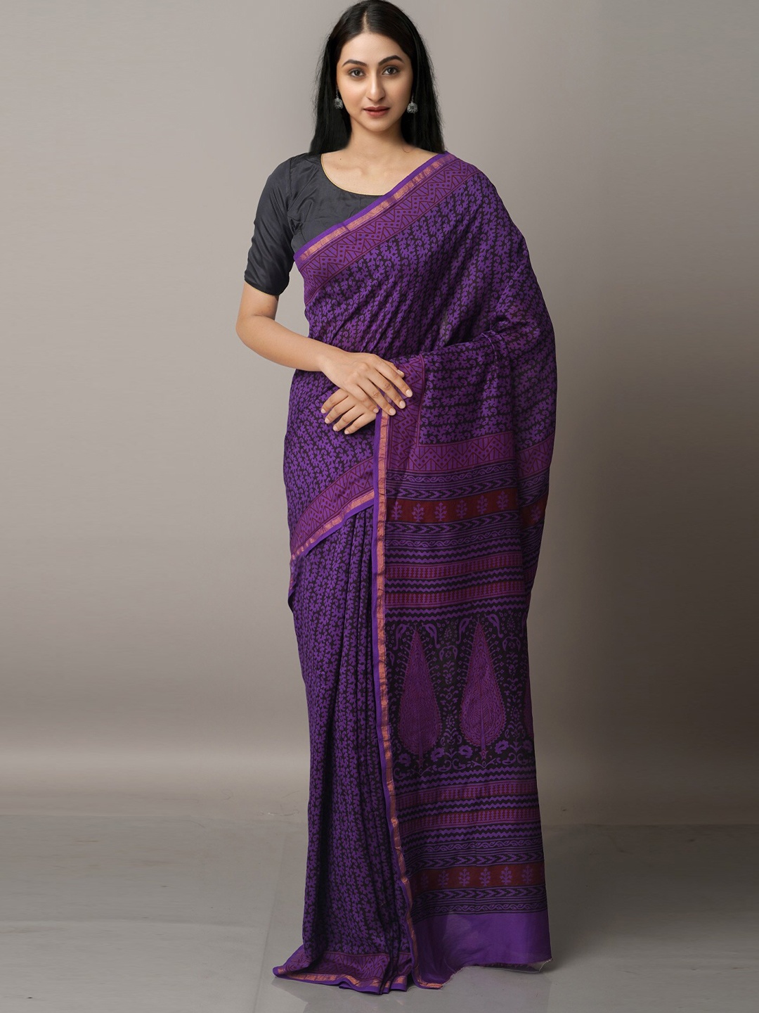 

Unnati Silks Violet & Blue Ethnic Motifs Zari Pure Cotton Chanderi Saree