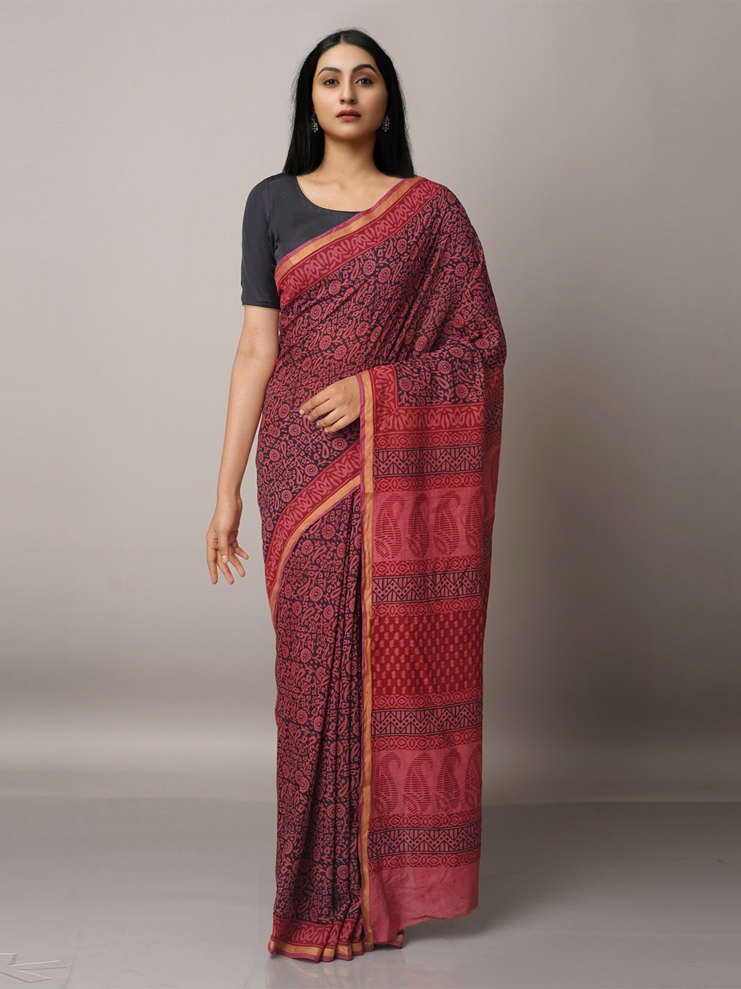

Unnati Silks Coral & Blue Ethnic Motifs Zari Chanderi Saree