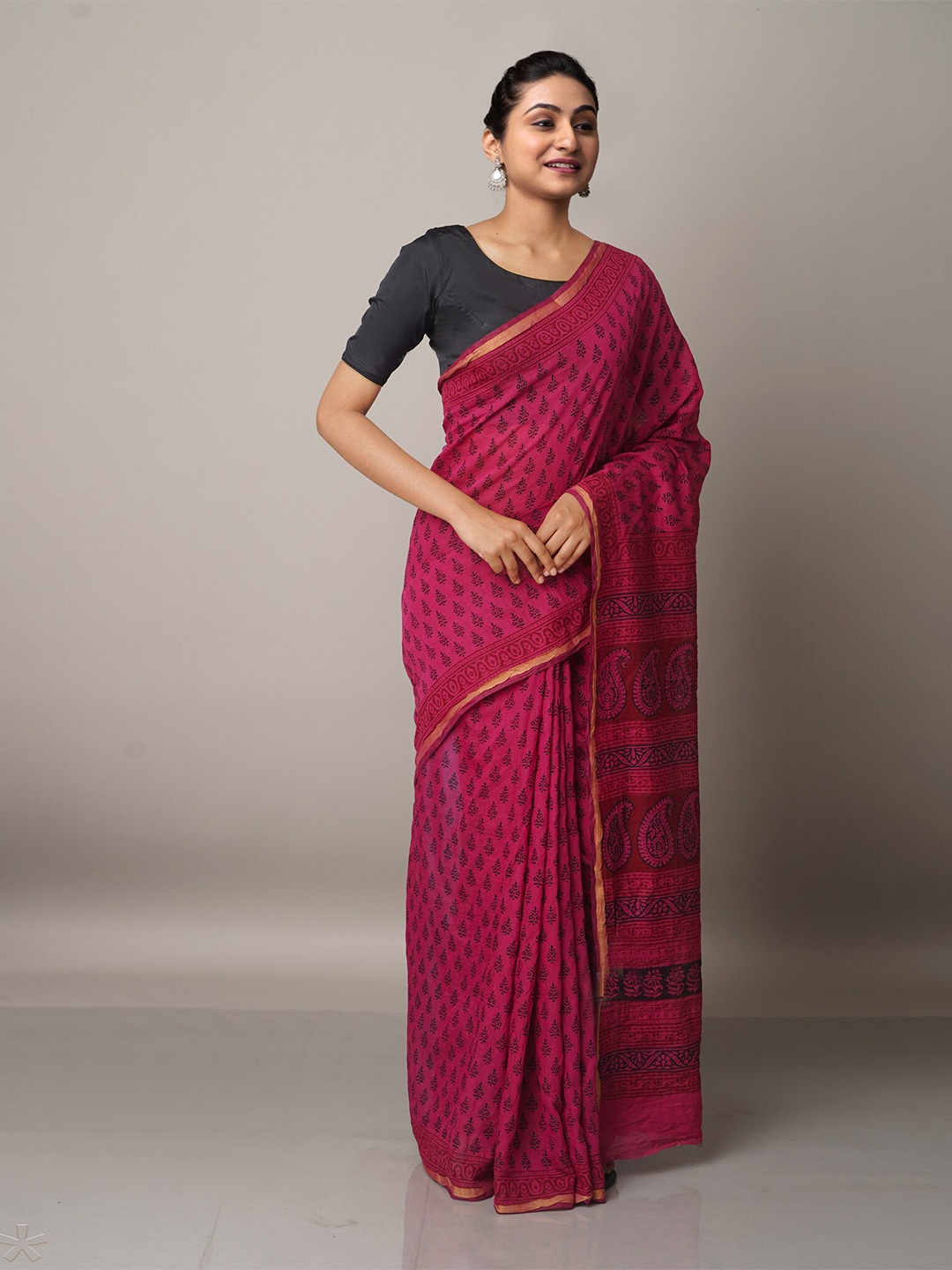 

Unnati Silks Burgundy Bagh Zari Chanderi Saree