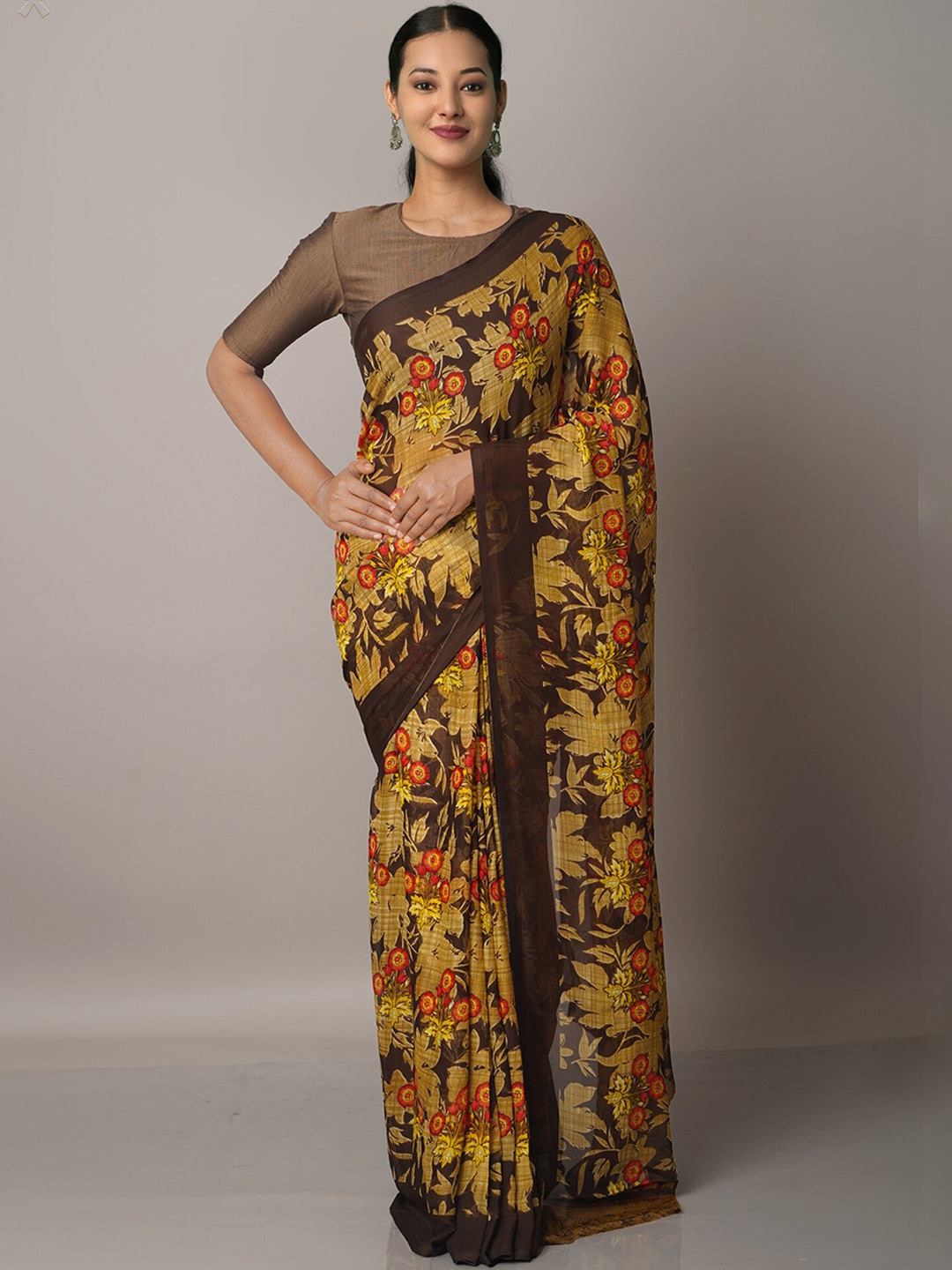 

Unnati Silks Brown & Green Floral Block Print Saree