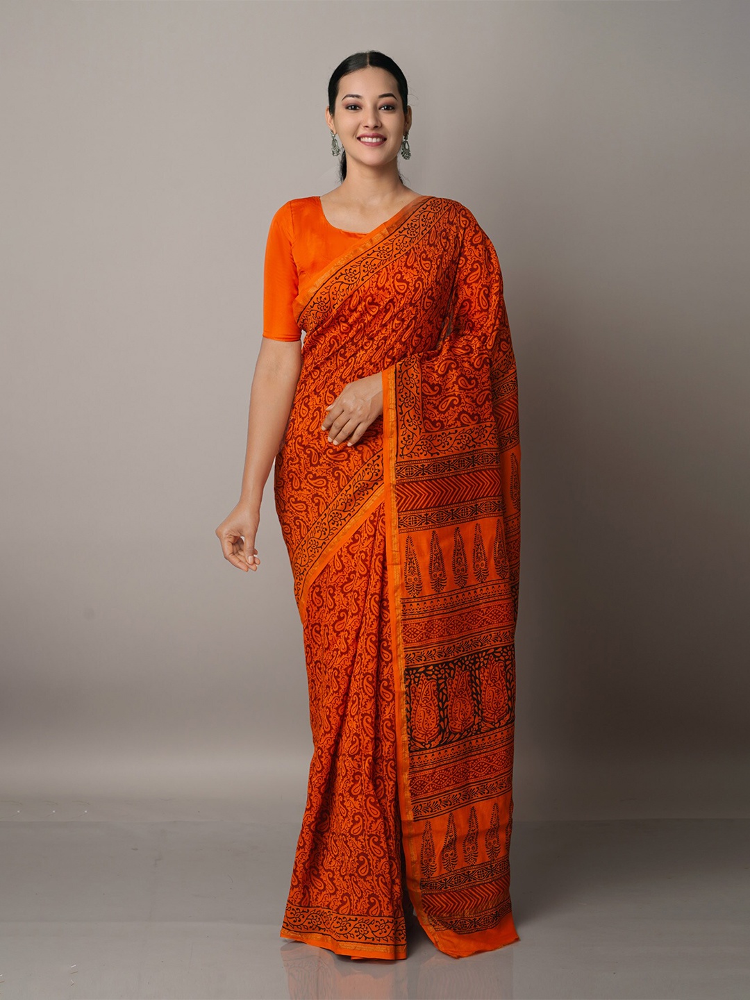 

Unnati Silks Orange Paisley Pure Cotton Chanderi Saree