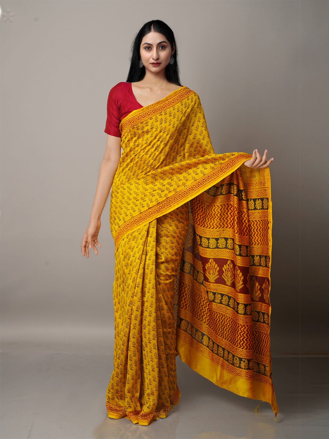 

Unnati Silks Yellow & Red Ethnic Motifs Pure Cotton Chanderi Saree