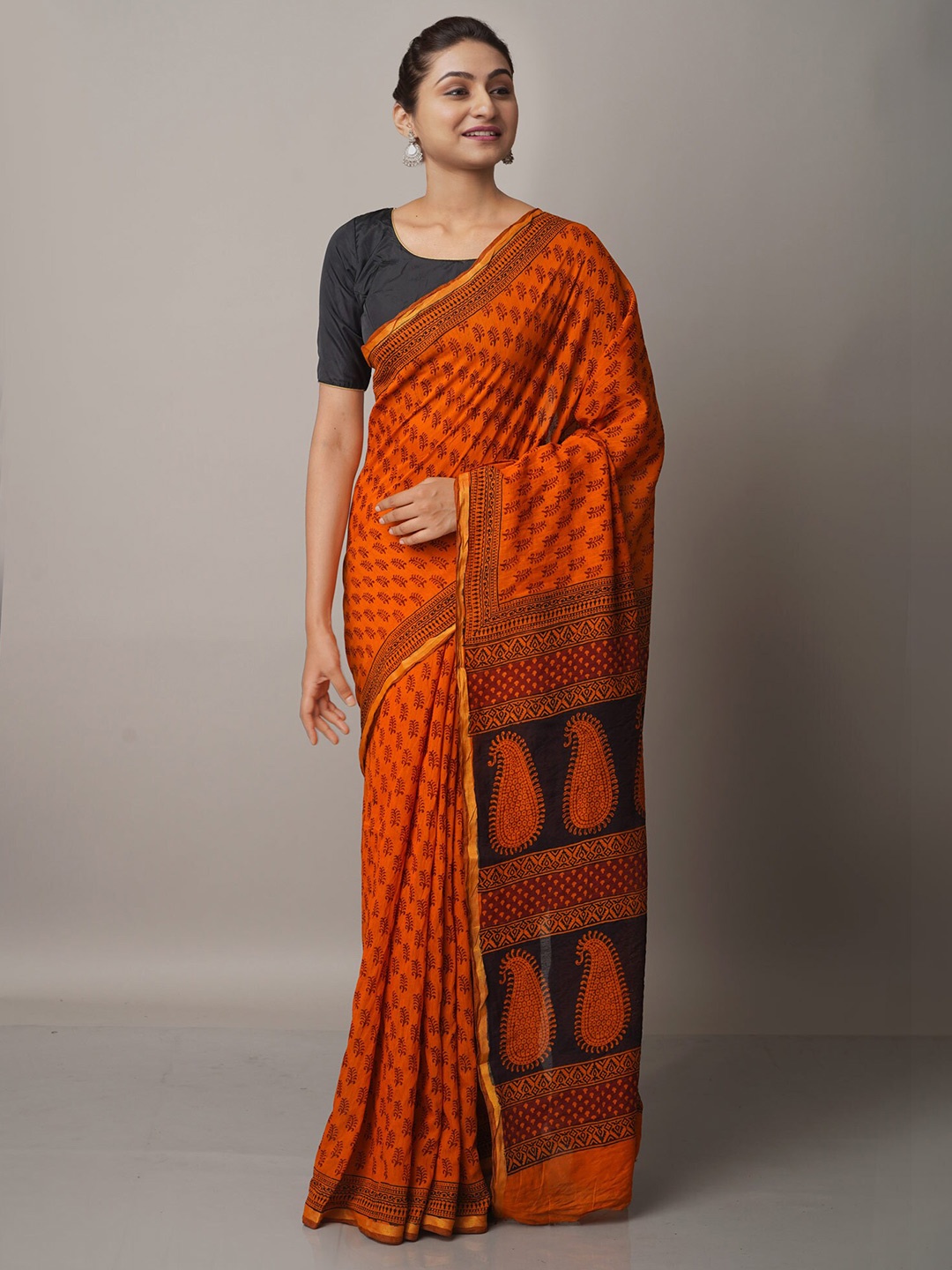 

Unnati Silks Orange & Black Bagh Zari Chanderi Saree