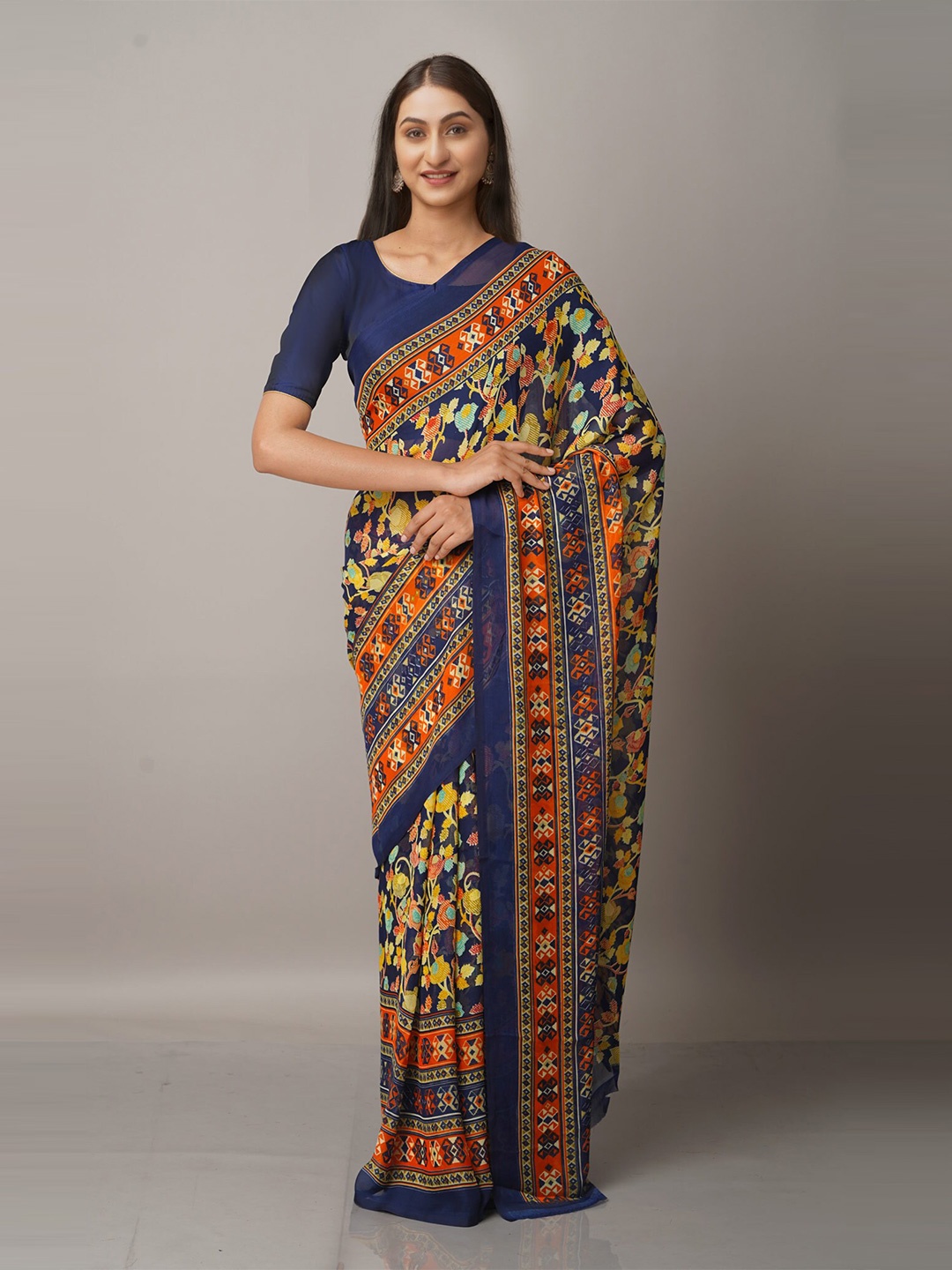

Unnati Silks Blue & Yellow Floral Block Print Saree