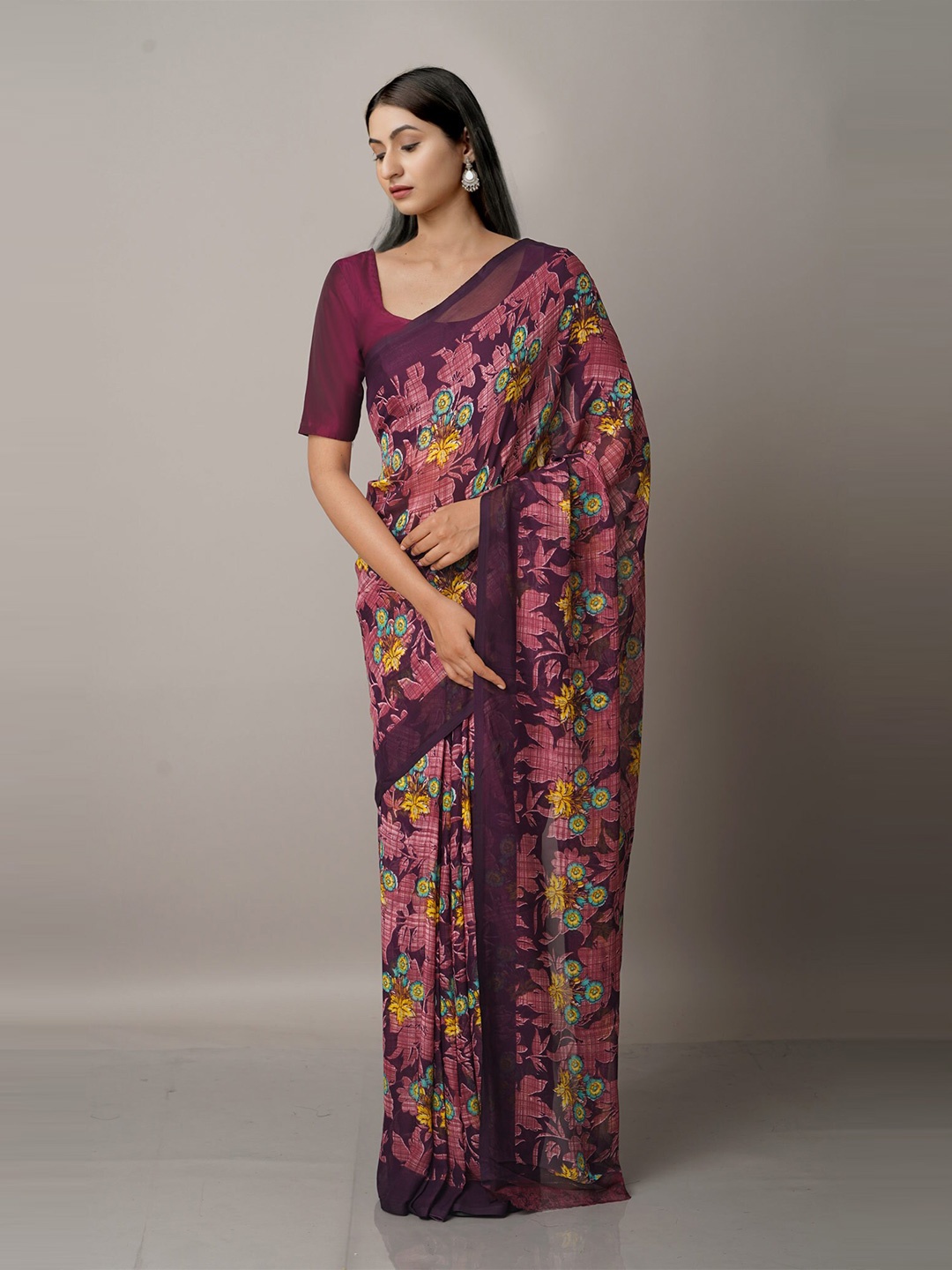 

Unnati Silks Burgundy & Green Floral Block Print Saree