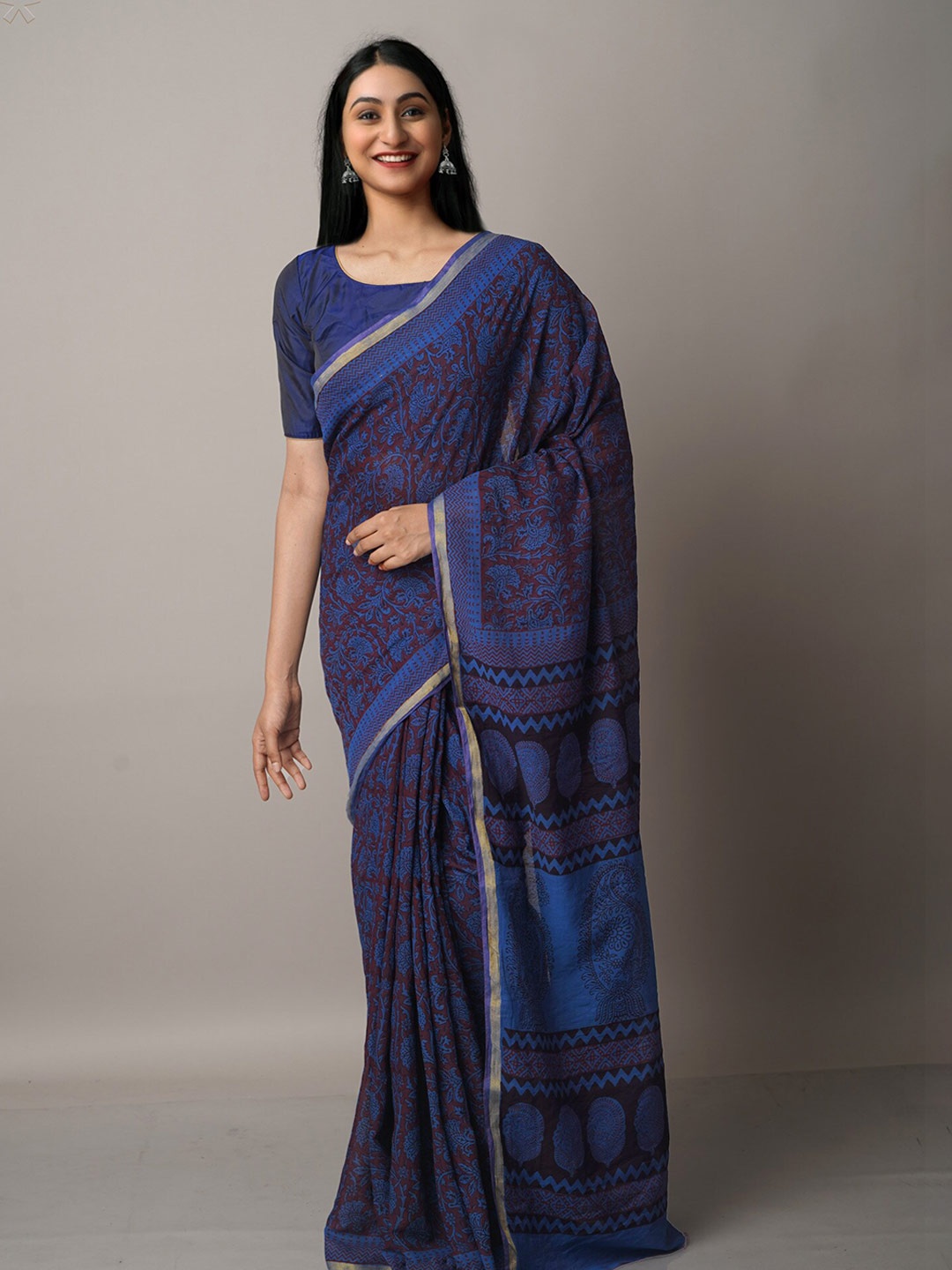 

Unnati Silks Blue & Burgundy Bagh Chanderi Saree