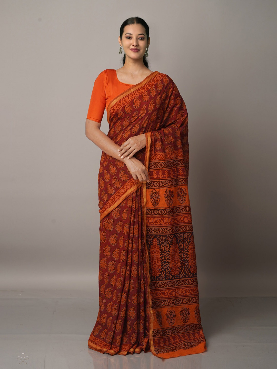 

Unnati Silks Maroon & Orange Bagh Printed Chanderi Saree