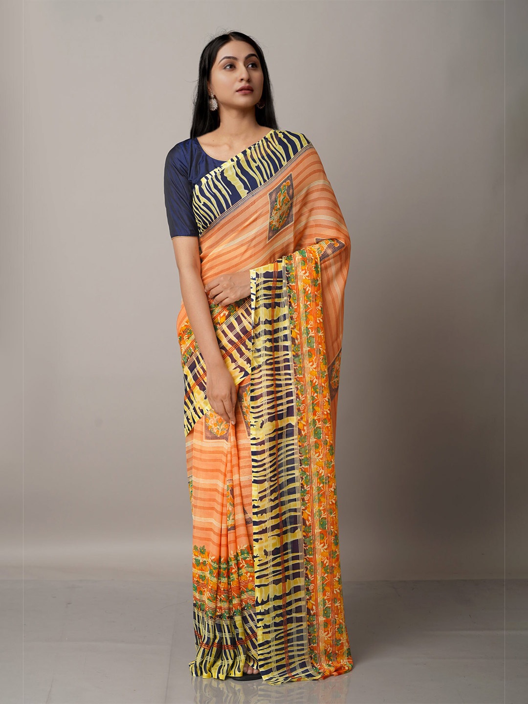 

Unnati Silks Orange & Blue Tie and Dye Block Print Saree