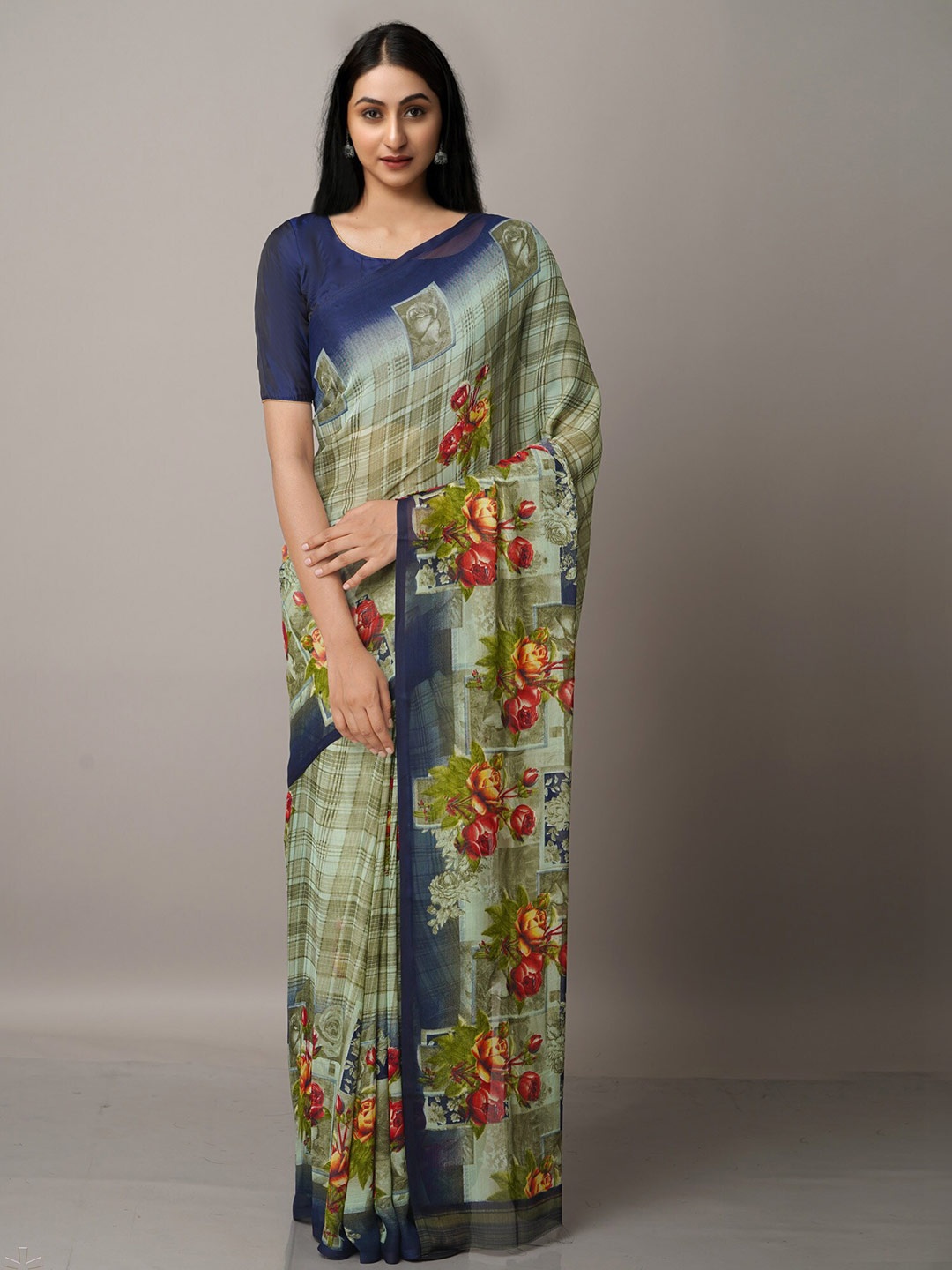 

Unnati Silks Blue & Green Floral Block Print Saree