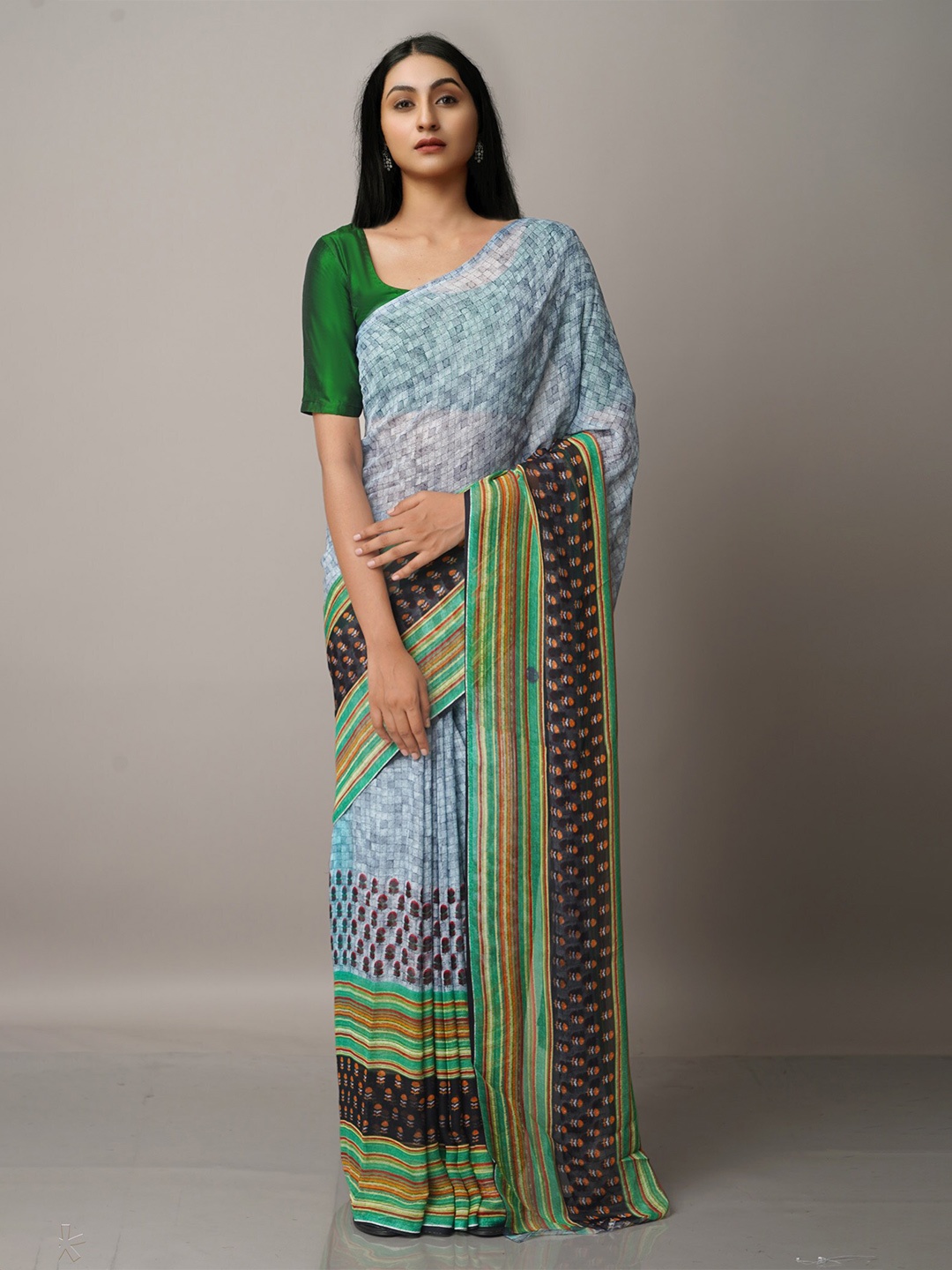 

Unnati Silks Grey & Green Floral Block Print Saree