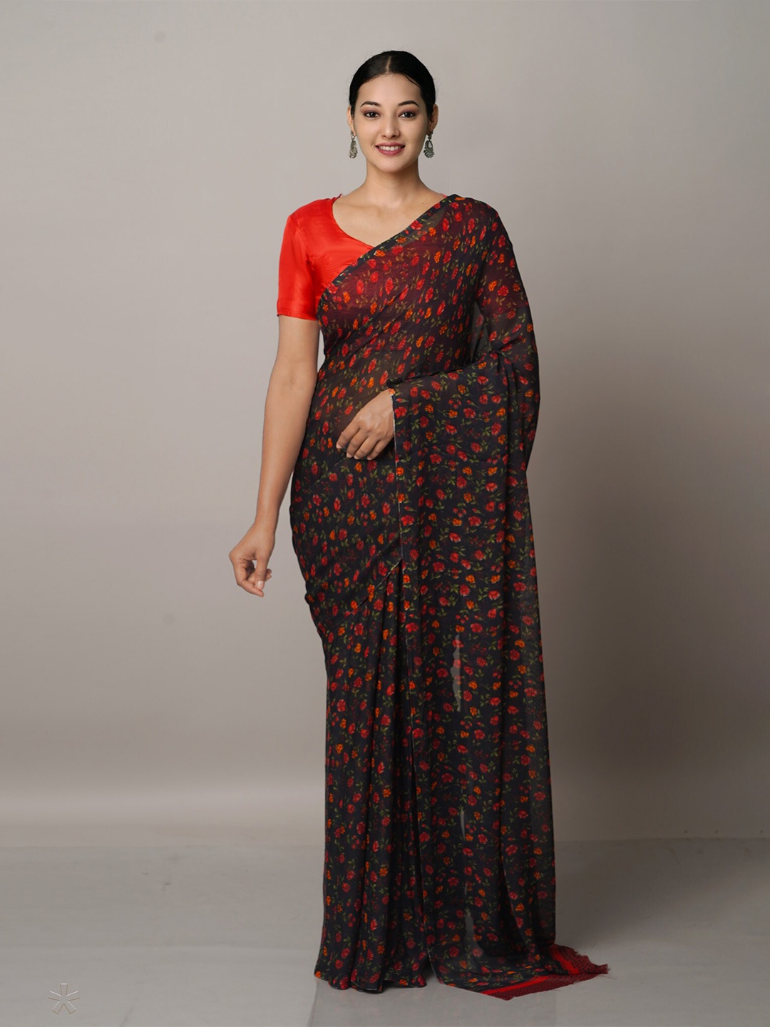 

Unnati Silks Blue & Red Floral Block Print Saree