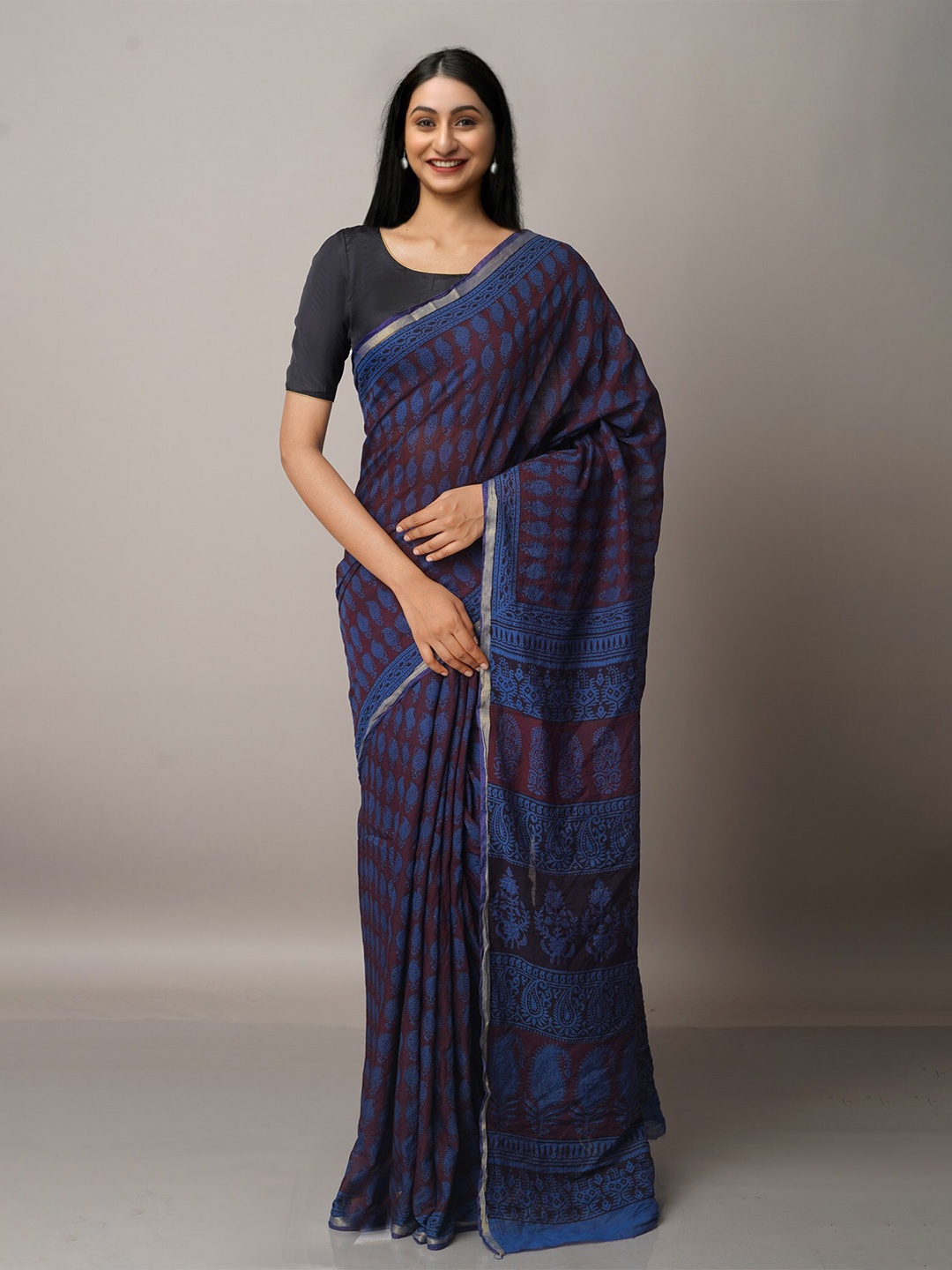 

Unnati Silks Maroon & Blue Bagh Zari Chanderi Saree