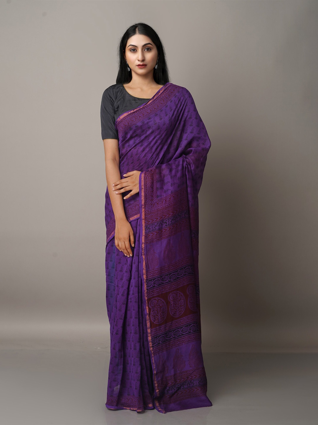 

Unnati Silks Violet & Gold-Toned Bagh Zari Pure Cotton Chanderi Saree