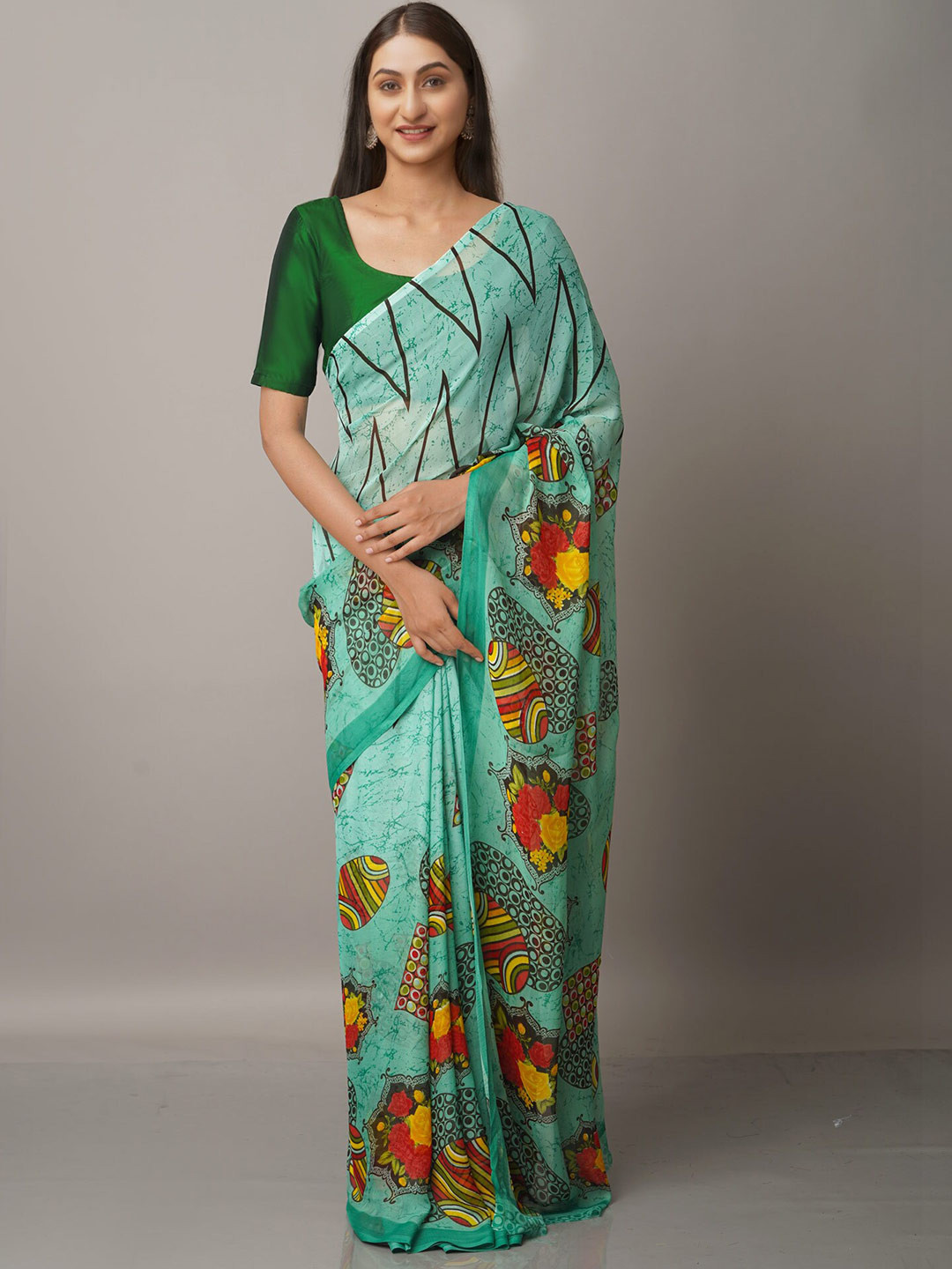 

Unnati Silks Blue And Red Floral Block Print Georgette Saree