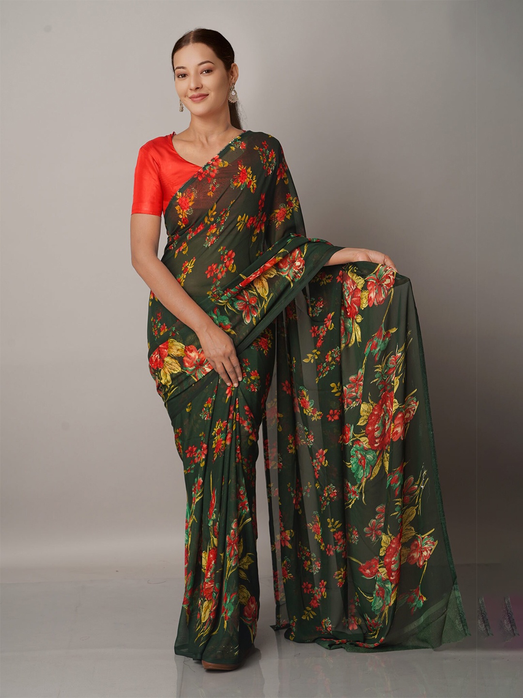 

Unnati Silks Green And Red Floral Block Print Georgette Saree