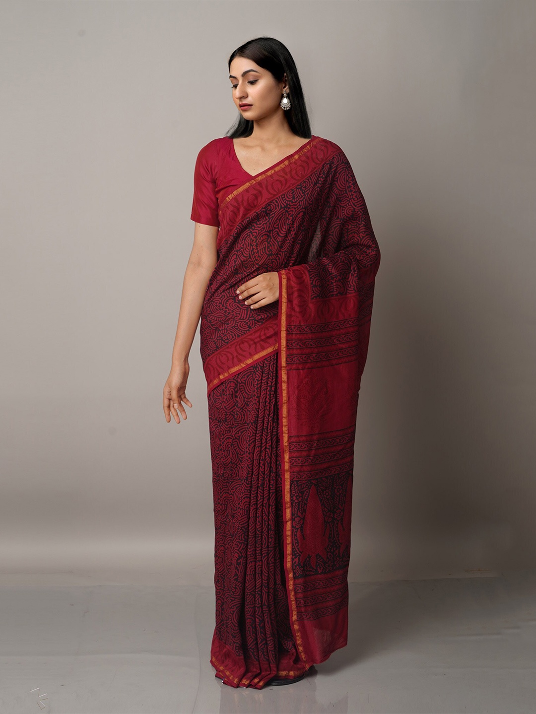 

Unnati Silks Pink And Navy Blue Bagh Print Pure Cotton Chanderi Saree