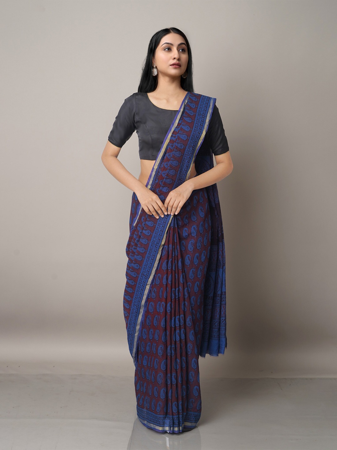 

Unnati Silks Navy Blue And Brown Bagh Print Zari Chanderi Saree