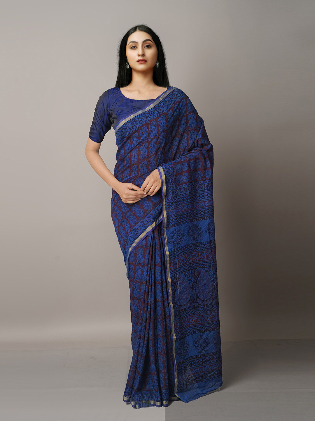 

Unnati Silks Blue And Brown Bagh Print Zari Chanderi Saree