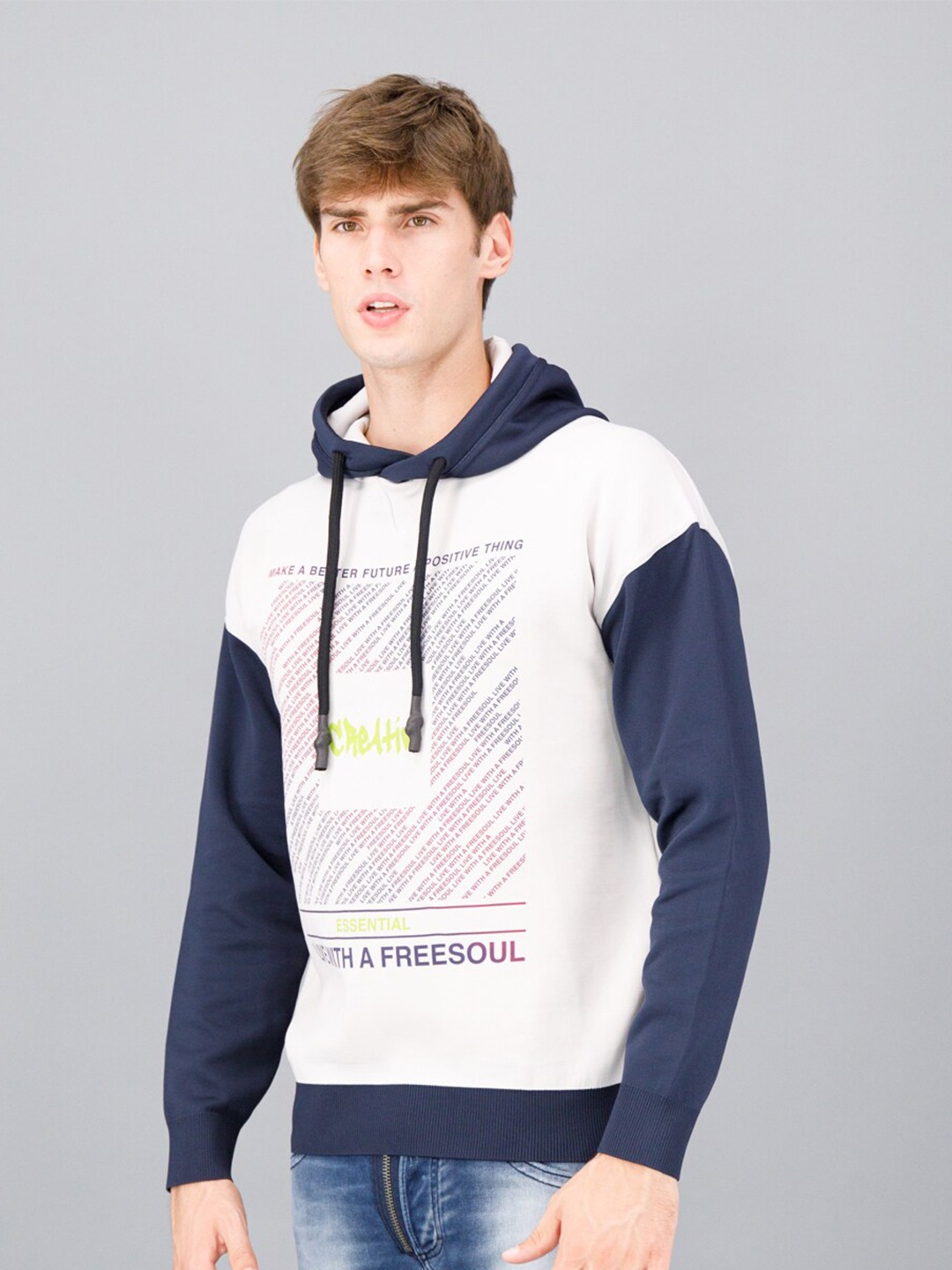 

FREESOUL Men White Printed Hooded Sweatshirt