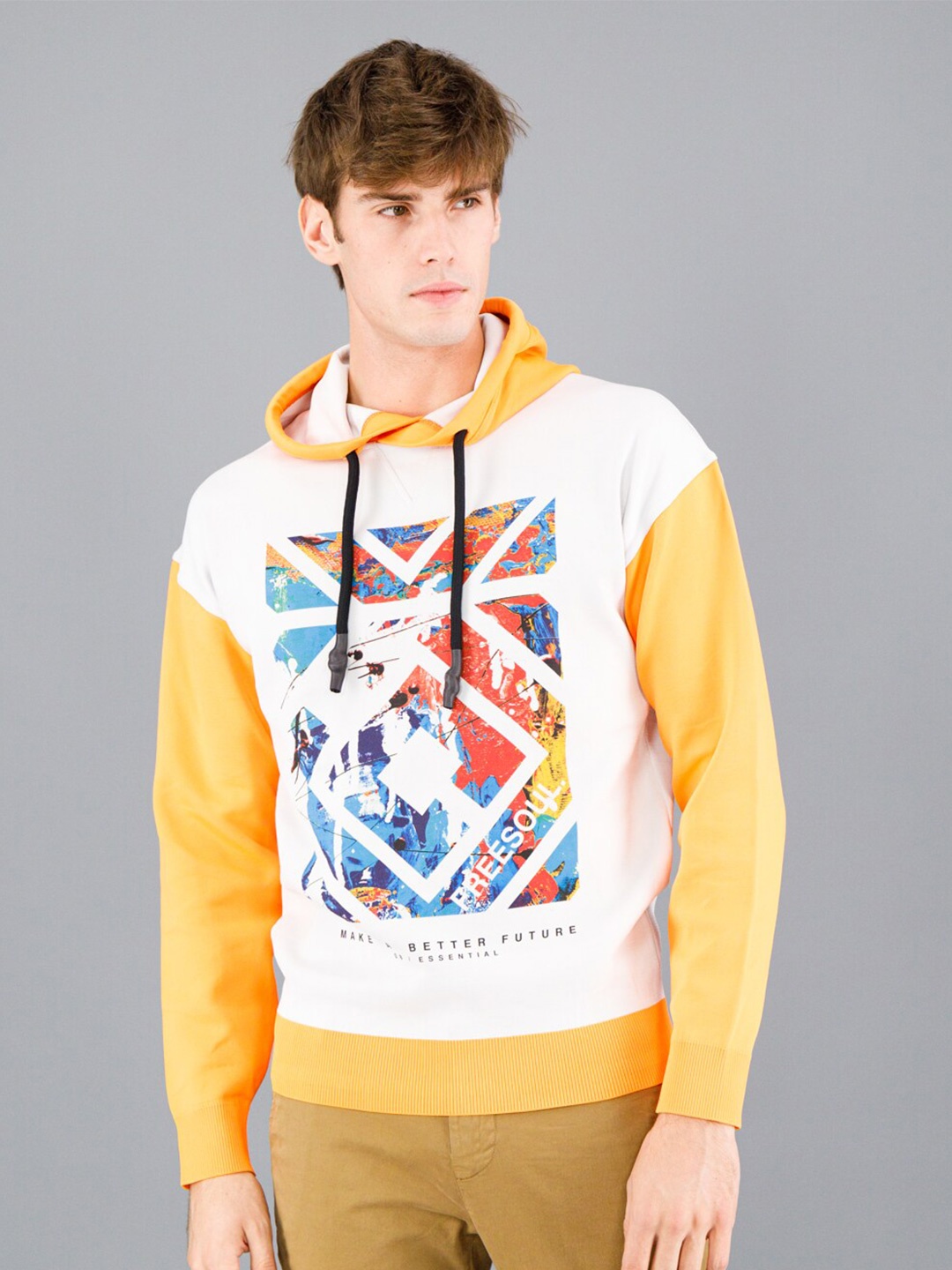 

FREESOUL Men White Printed Hooded Sweatshirt