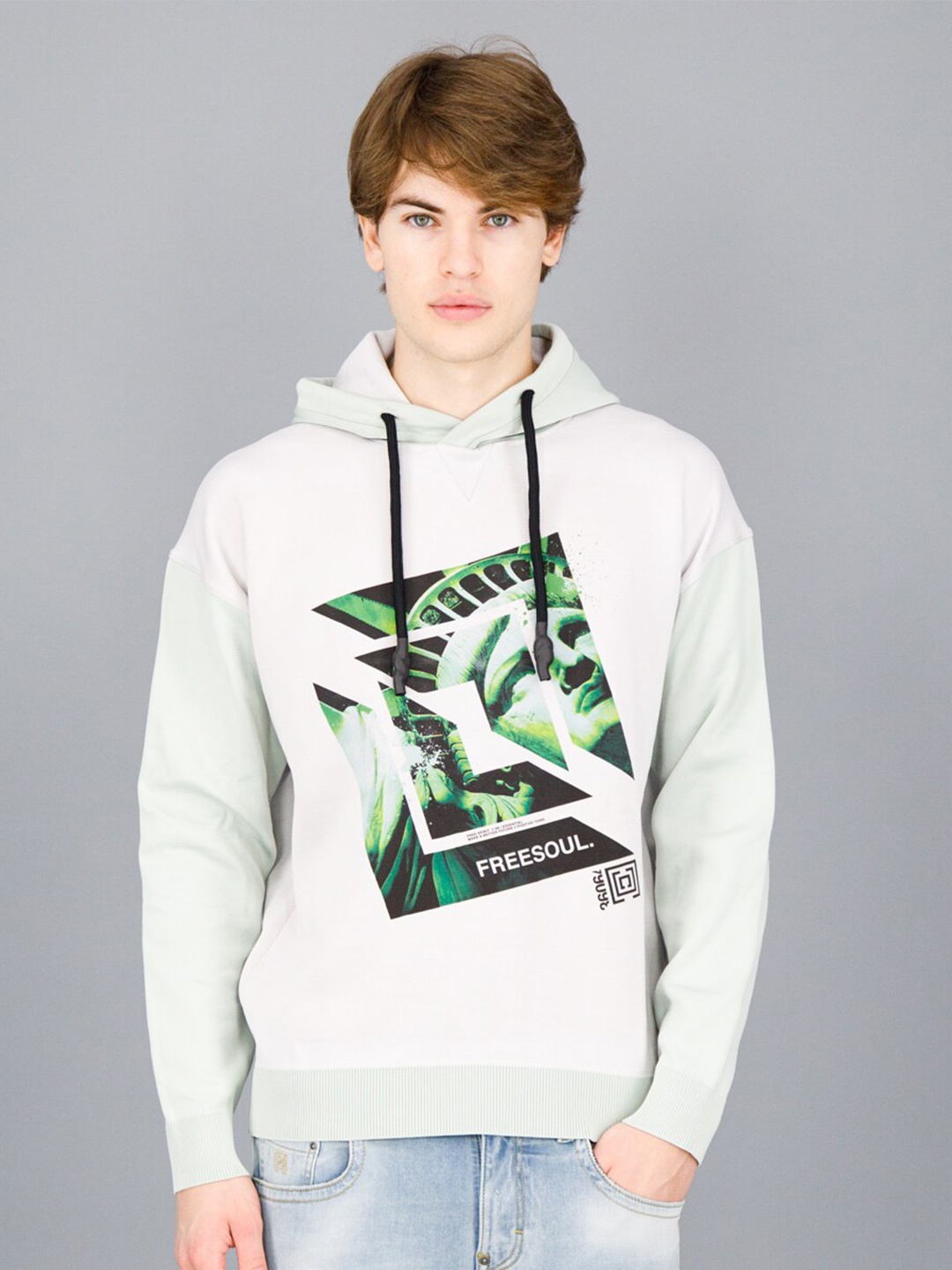 

FREESOUL Men White Printed Hooded Sweatshirt