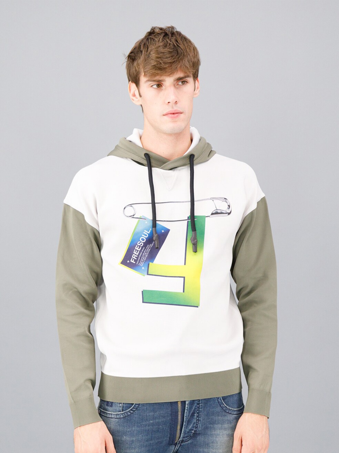 

FREESOUL Men Off White Printed Hooded Sweatshirt