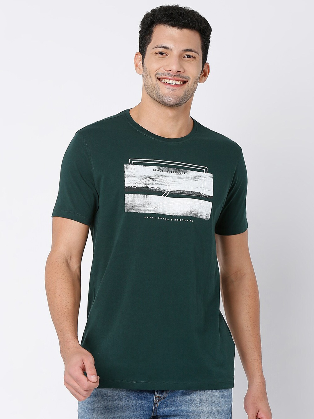 

SPYKAR Men Green Printed Slim Fit Cotton T-shirt