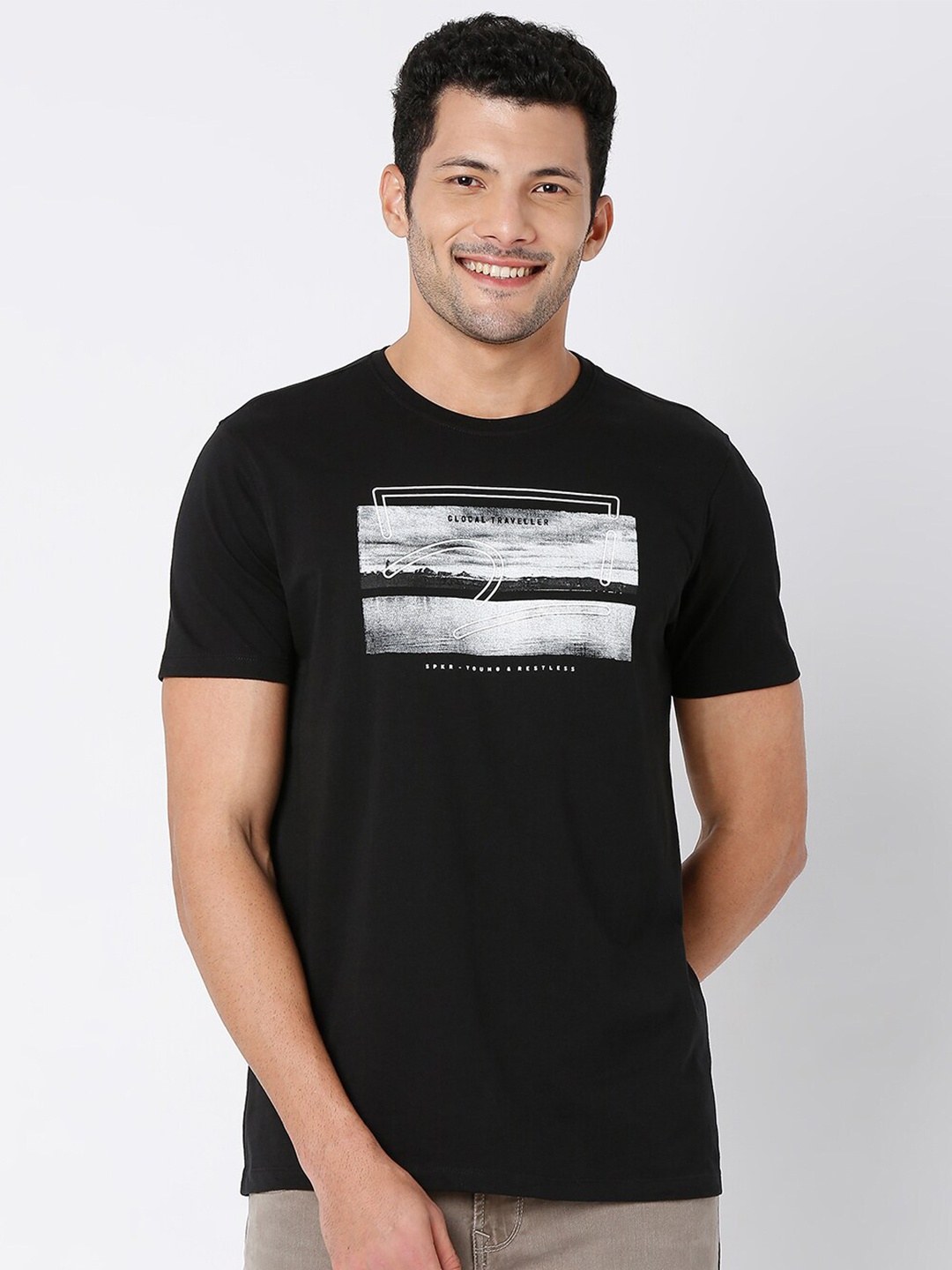 

SPYKAR Men Black Printed Cotton Slim Fit T-shirt