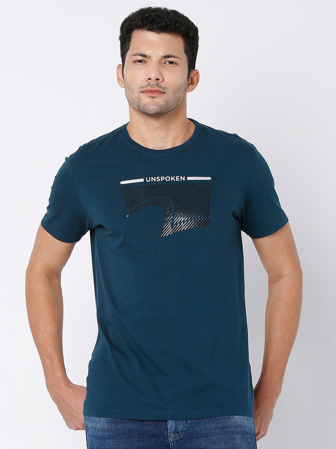 

SPYKAR Men Blue Printed Cotton Slim Fit T-shirt