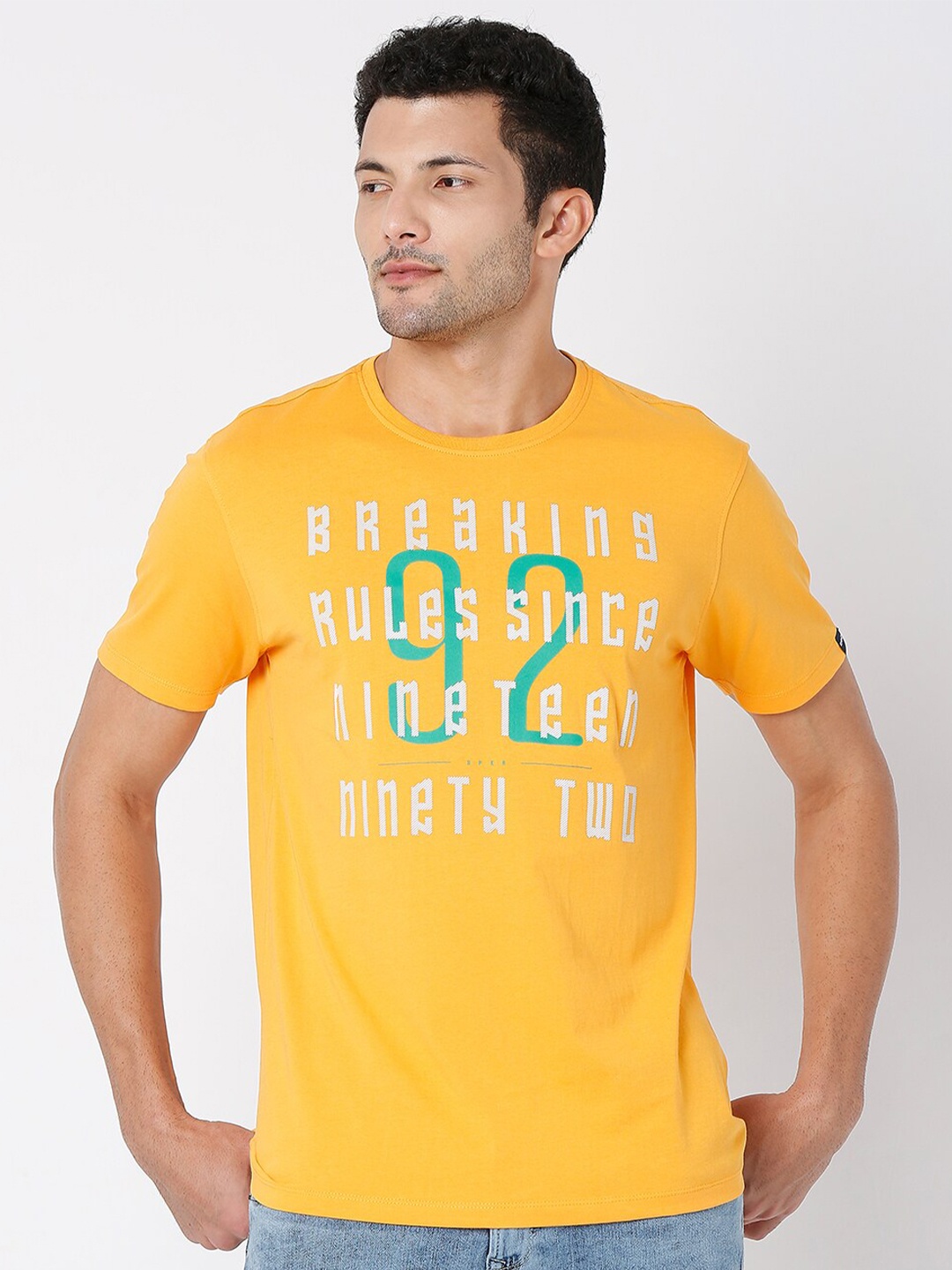 

SPYKAR Men Yellow Varsity Printed Cotton Slim Fit T-shirt