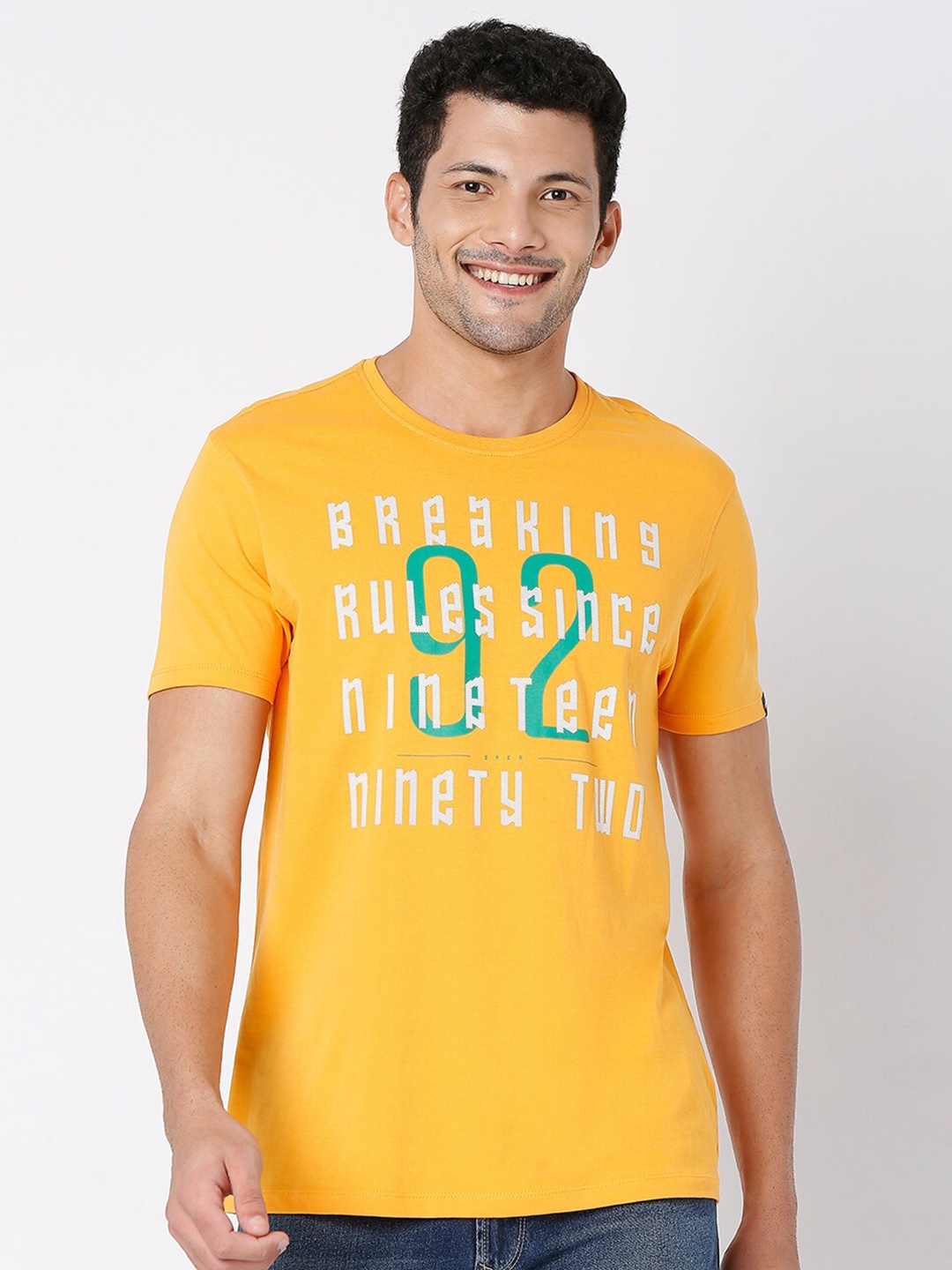 

SPYKAR Men Yellow Typography Printed Cotton T-shirt
