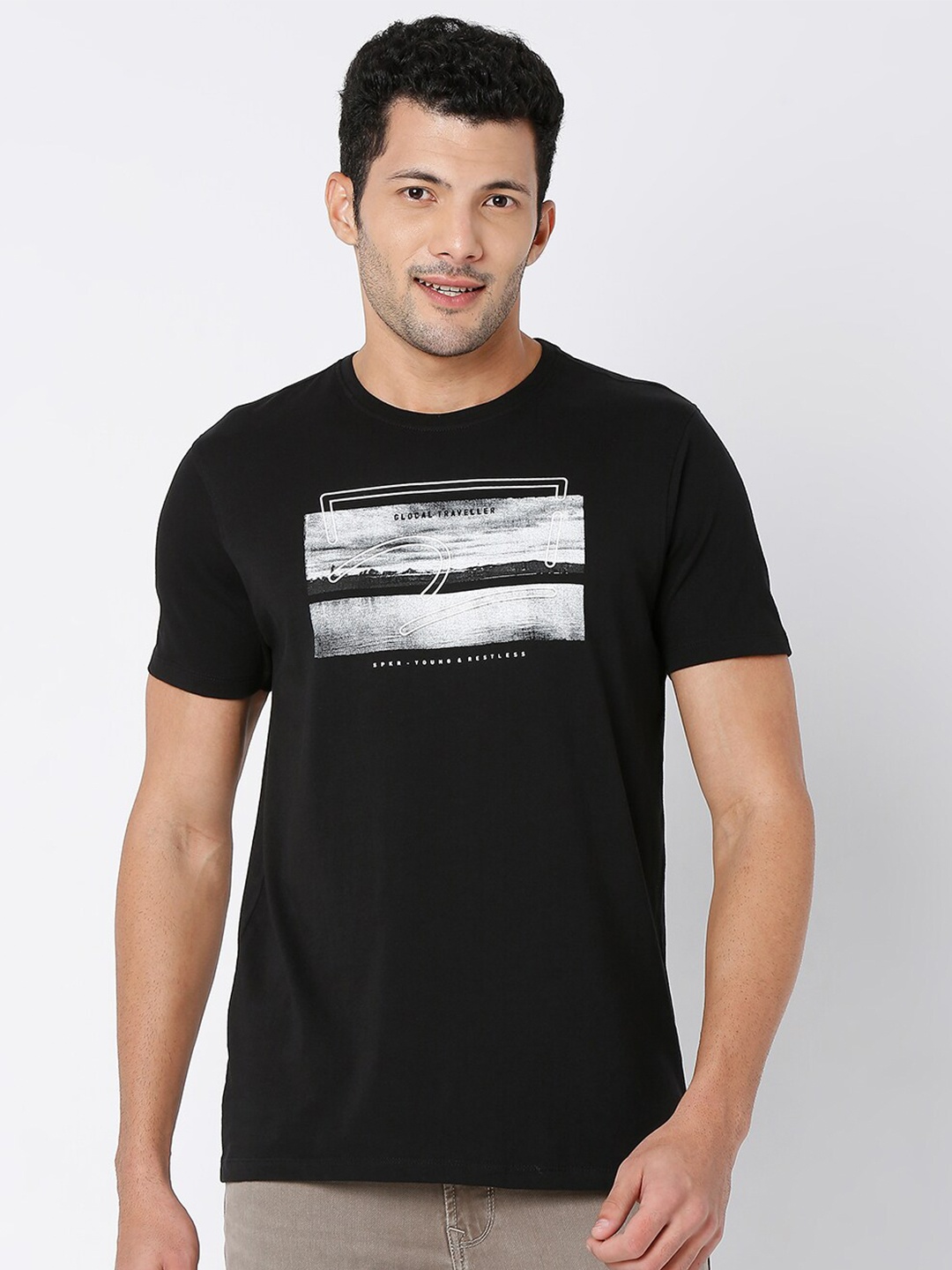 

SPYKAR Men Black Printed Cotton T-shirt
