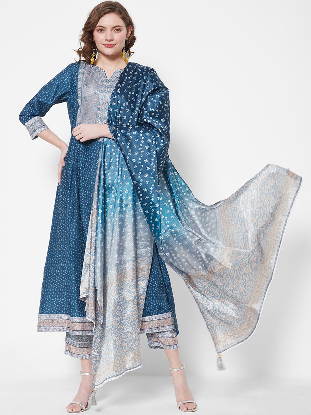 

HEEPOSH Women Navy Blue Chanderi Silk Kurta with Trousers & With Dupatta