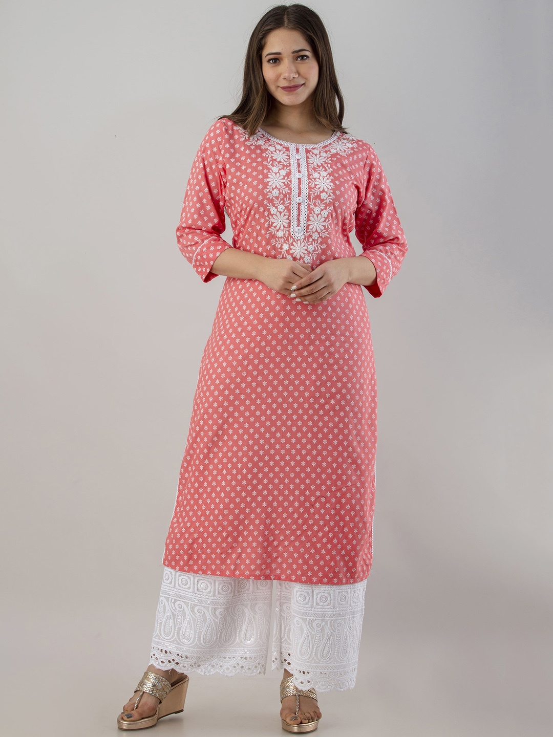 

ADORRO Women Floral Printed Thread Work Kurta, Peach