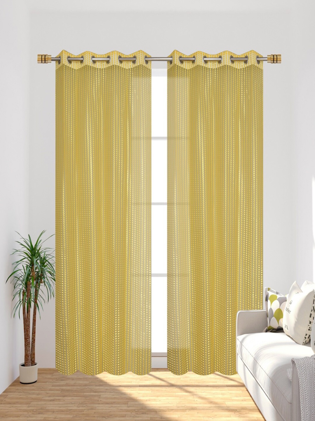 

Homefab India Set of 4 Striped Sheer Door Curtains, Yellow