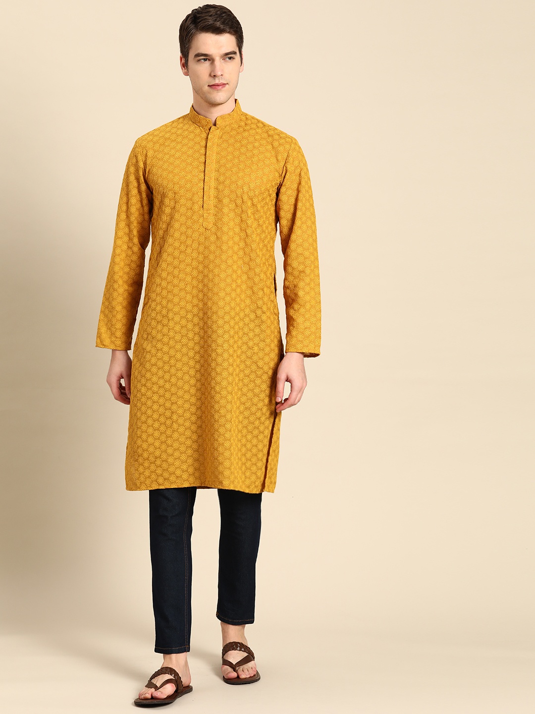 

RAJUBHAI HARGOVINDAS Men Floral Cotton Chikankari Pastels Kurta, Mustard